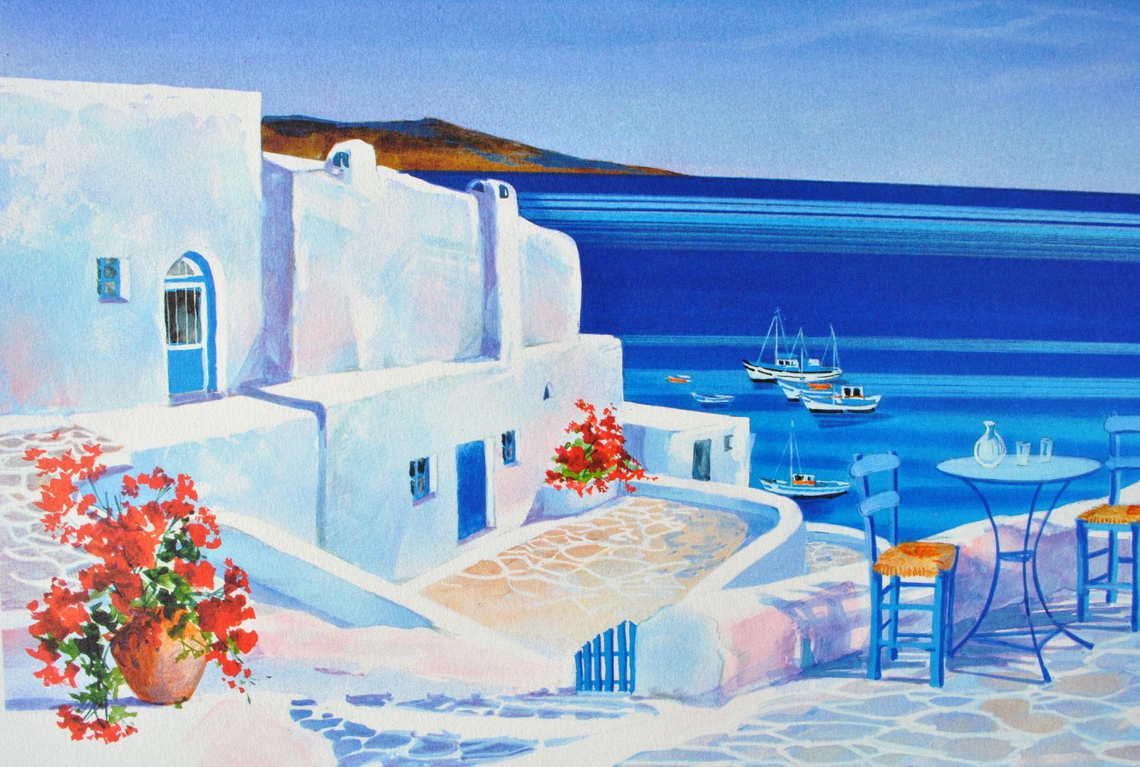 Andre Savyriviera : Terrace In Santorini   Original Lithograph, Handsigned & Ltd /3901982 photo vintage
