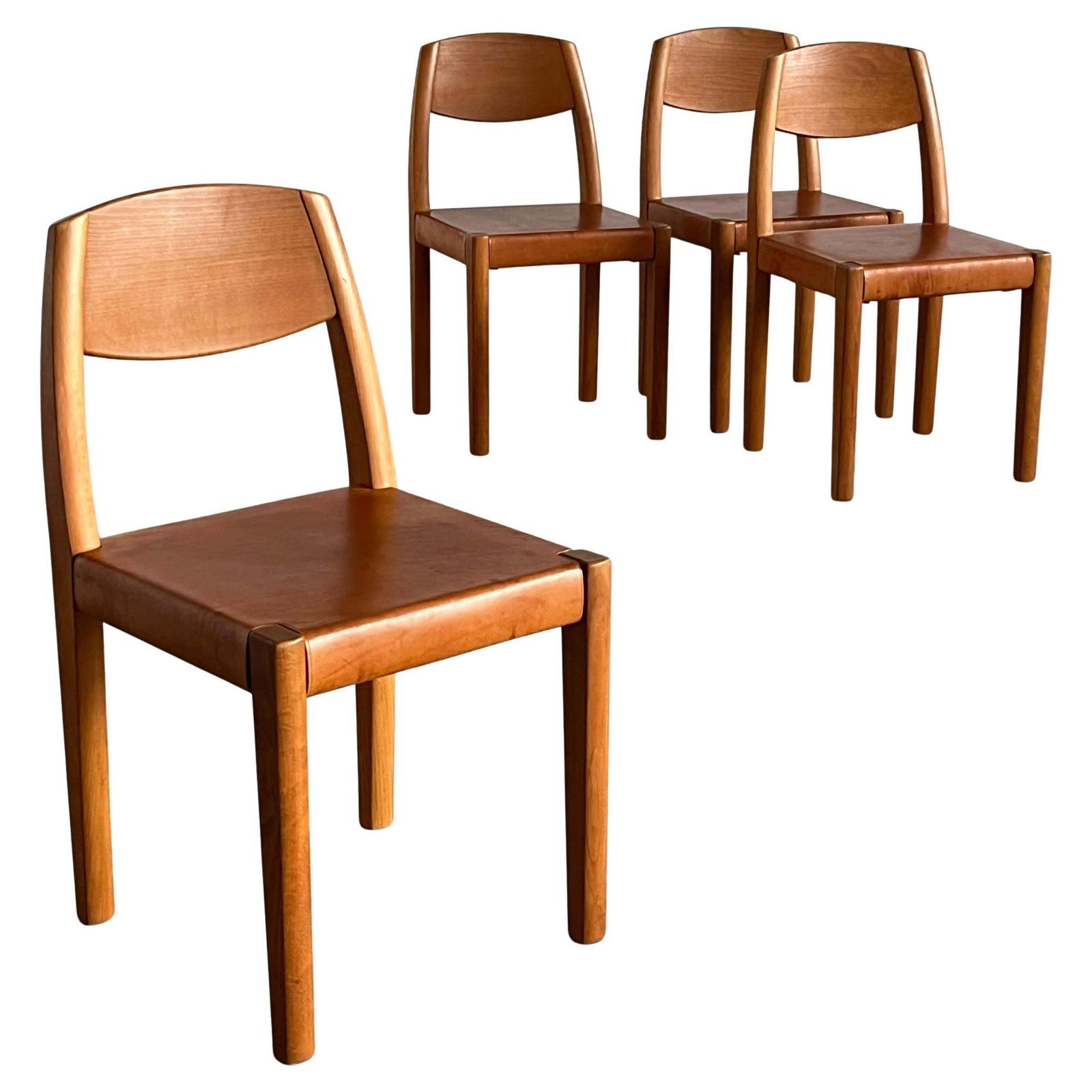 Set Of 4 Vintage Dining Chairs In Style Of Pierre Chapo, Cognac Leather And Wood