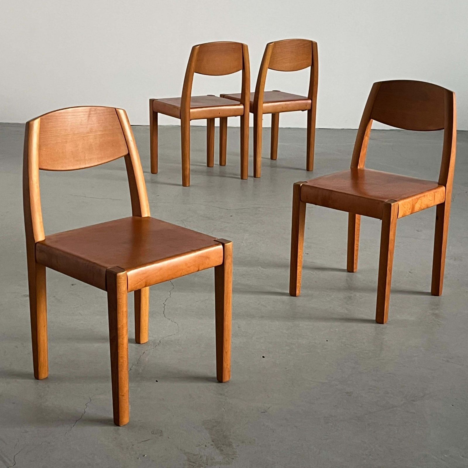 Set Of 4 Vintage Dining Chairs In Style Of Pierre Chapo, Cognac Leather And Wood photo for sale