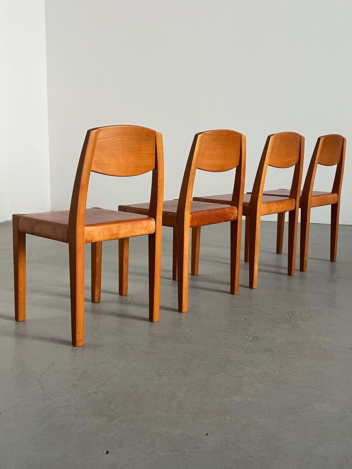 Set Of 4 Vintage Dining Chairs In Style Of Pierre Chapo, Cognac Leather And Wood photo vinterior