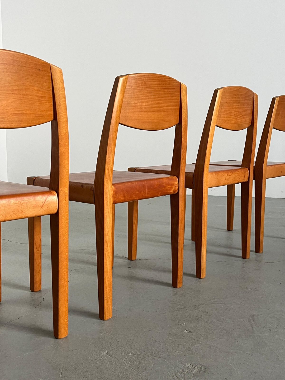 photo for sale Set Of 4 Vintage Dining Chairs In Style Of Pierre Chapo, Cognac Leather And Wood