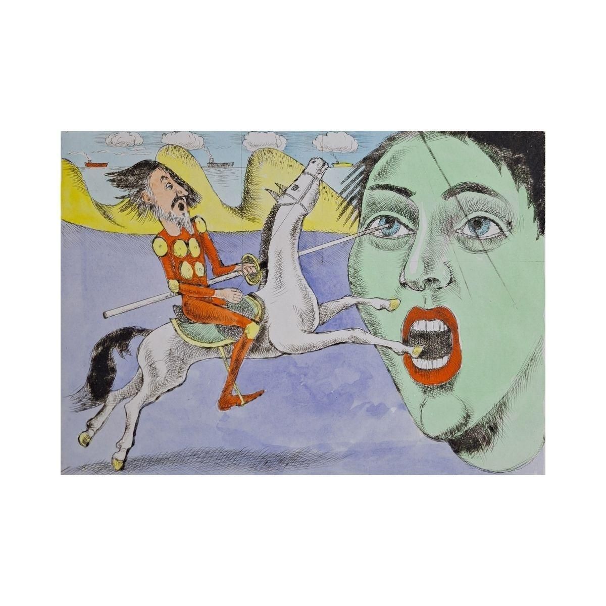 Czeslaw Tumielewiczdon Quixote And Apparition   Figurative Drypoint Print, Colorful, Polish Art2007 photo furniture