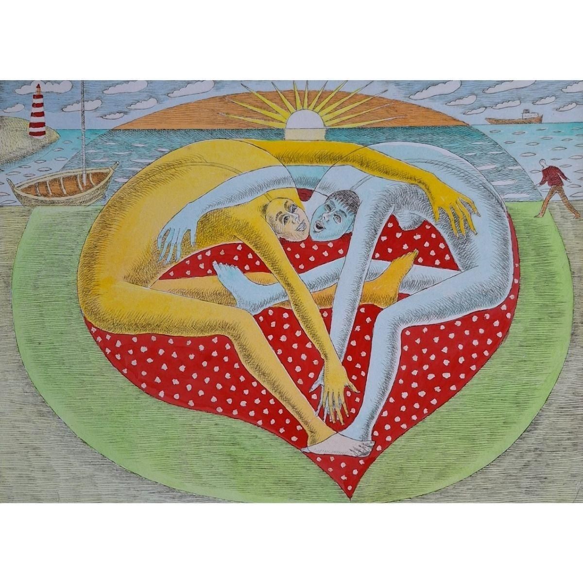 Czeslaw Tumielewiczgreat Cordiality   Figurative Drypoint Print, Colorful, Polish Art2015 photo for sale