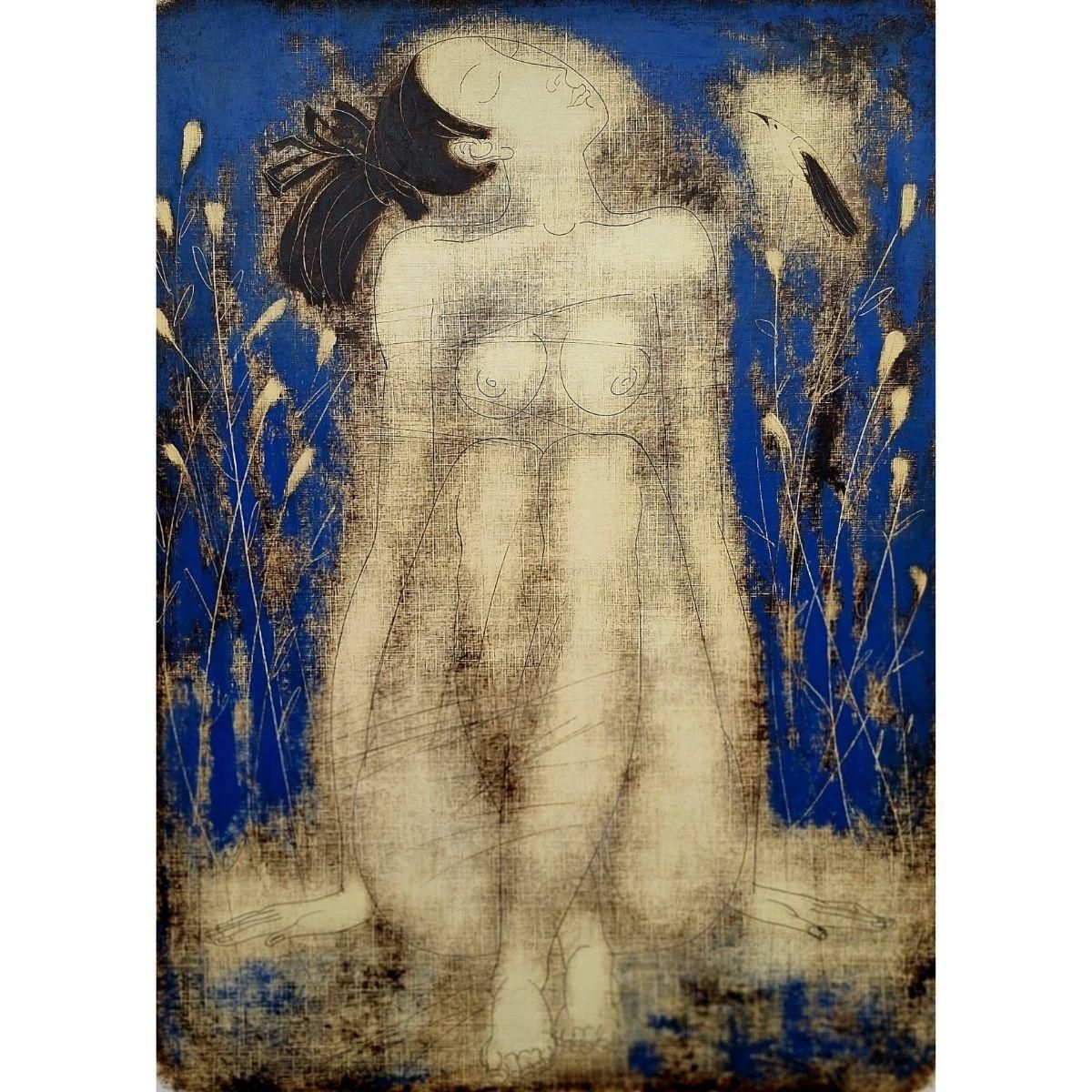 Siergiej Timochownude With A Birdie. Contemporary Figurative Monotype Print, European Artist2004 photo for sale