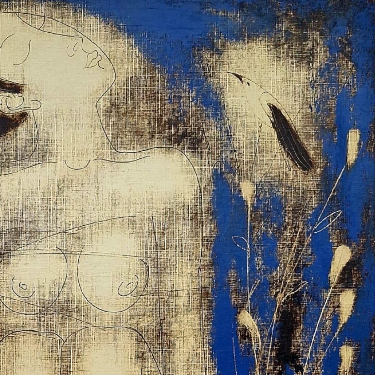Siergiej Timochownude With A Birdie. Contemporary Figurative Monotype Print, European Artist2004 photo Art