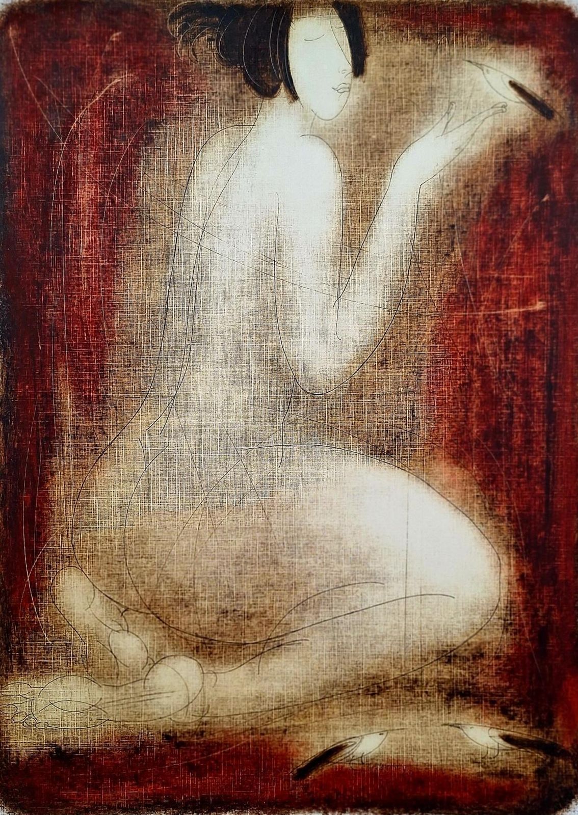 Siergiej Timochownude With A Bird. Contemporary Figurative Monotype Print, European Artist2005