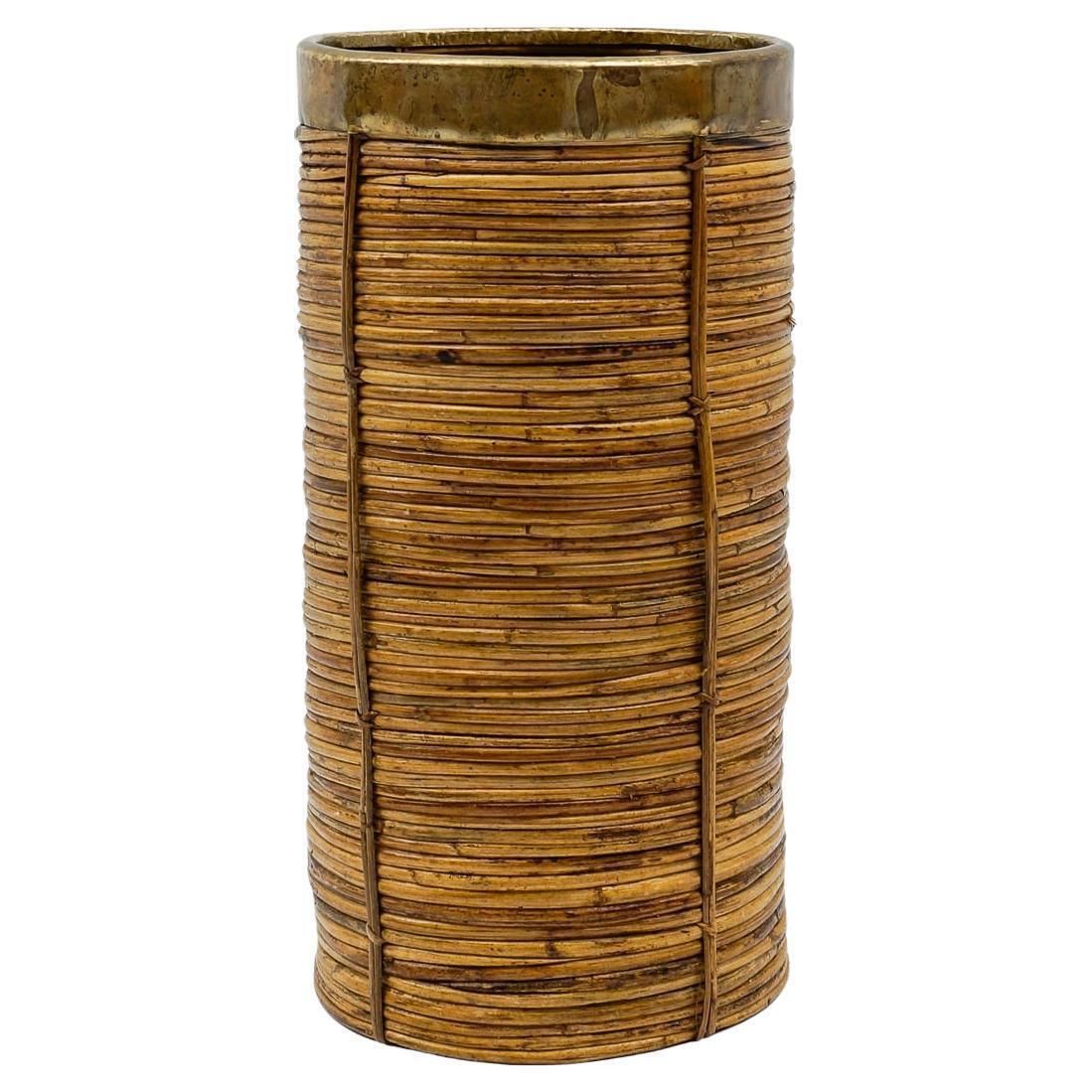 Lovely 1970s Italian Rattan And Brass Umbrella Stand