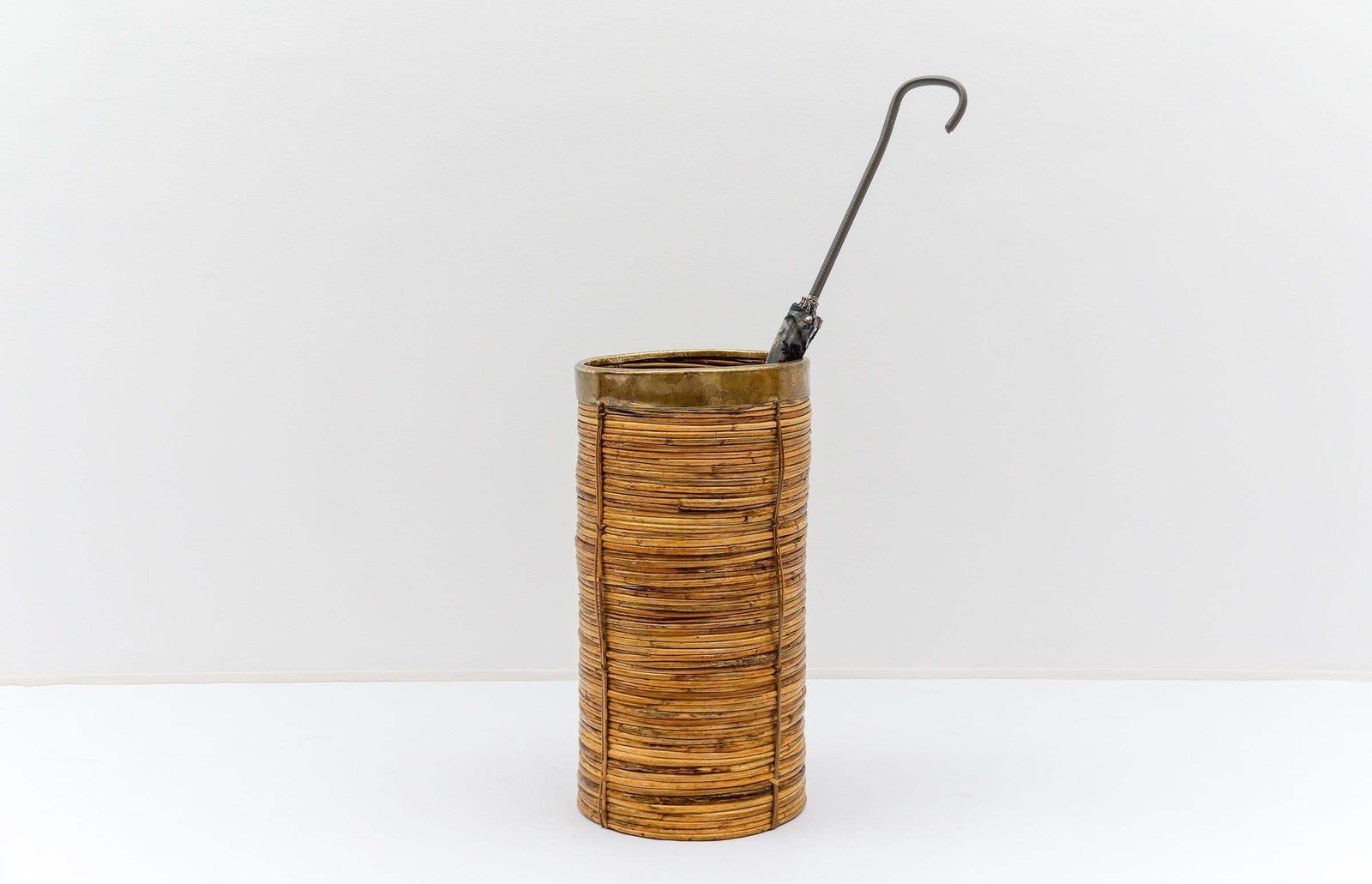 Lovely 1970s Italian Rattan And Brass Umbrella Stand photo for sale