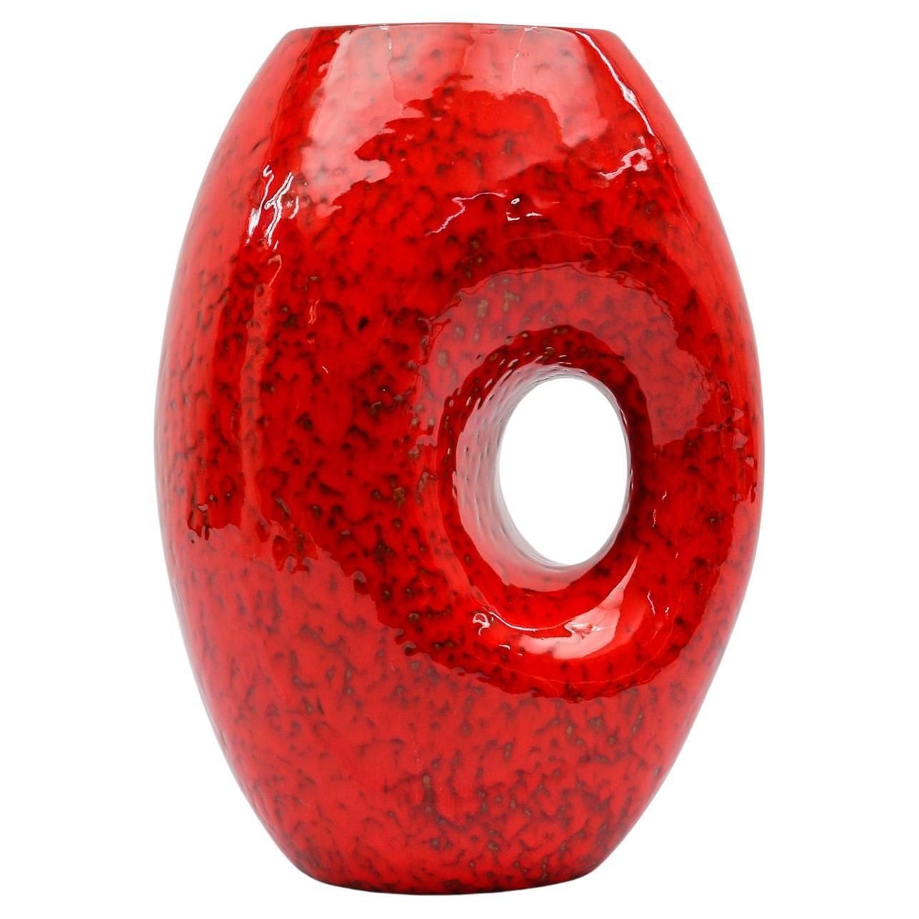 Rare Awesome Red And White Fat Lava Vase, Germany 1950s