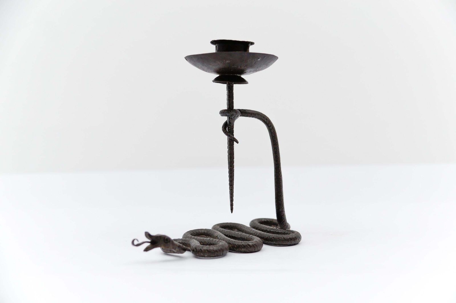 Hand Forged Iron Sanke Design Sculpture Candle Holder, 1960s photo furniture