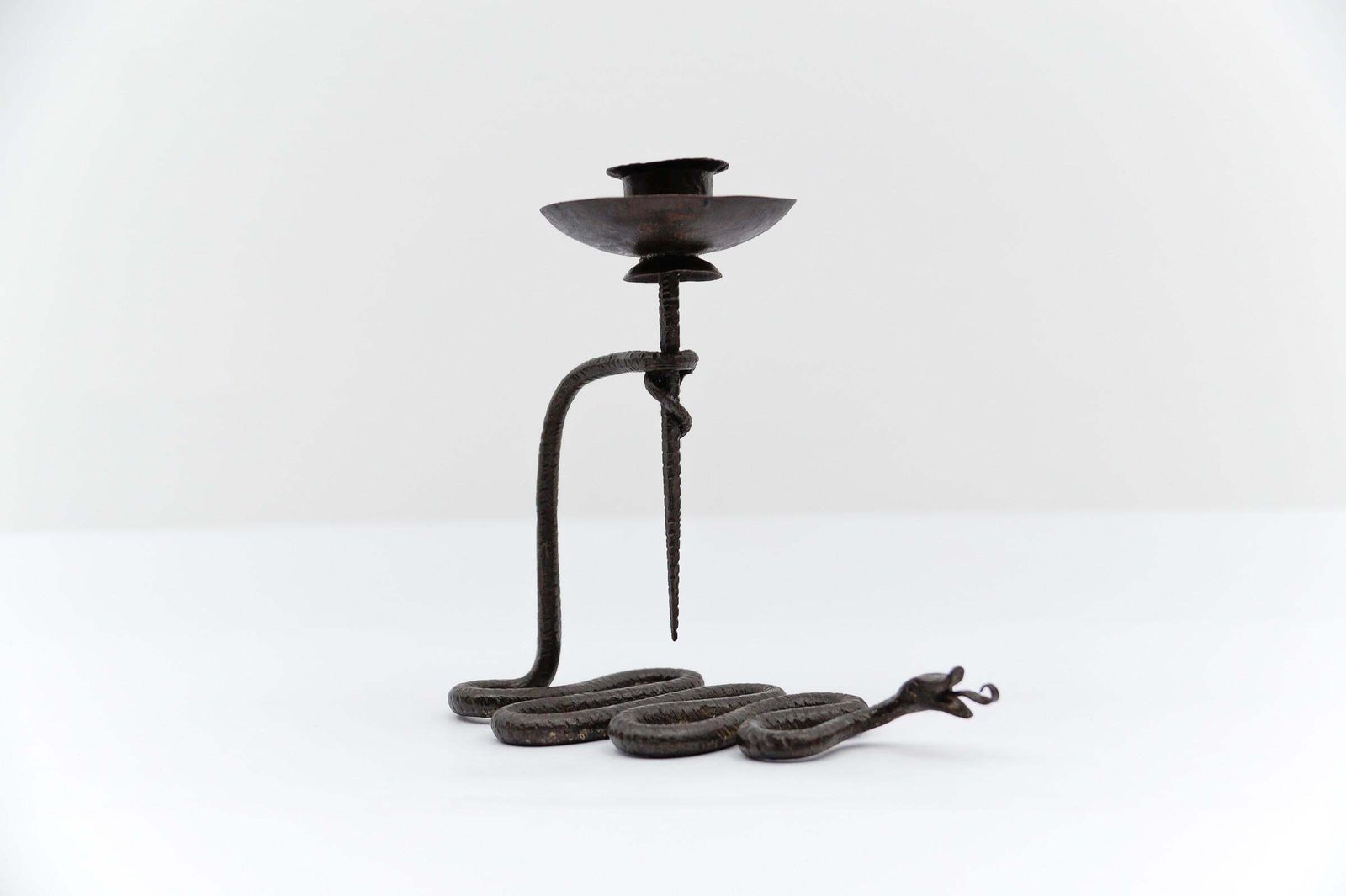 Hand Forged Iron Sanke Design Sculpture Candle Holder, 1960s photo Home Decor