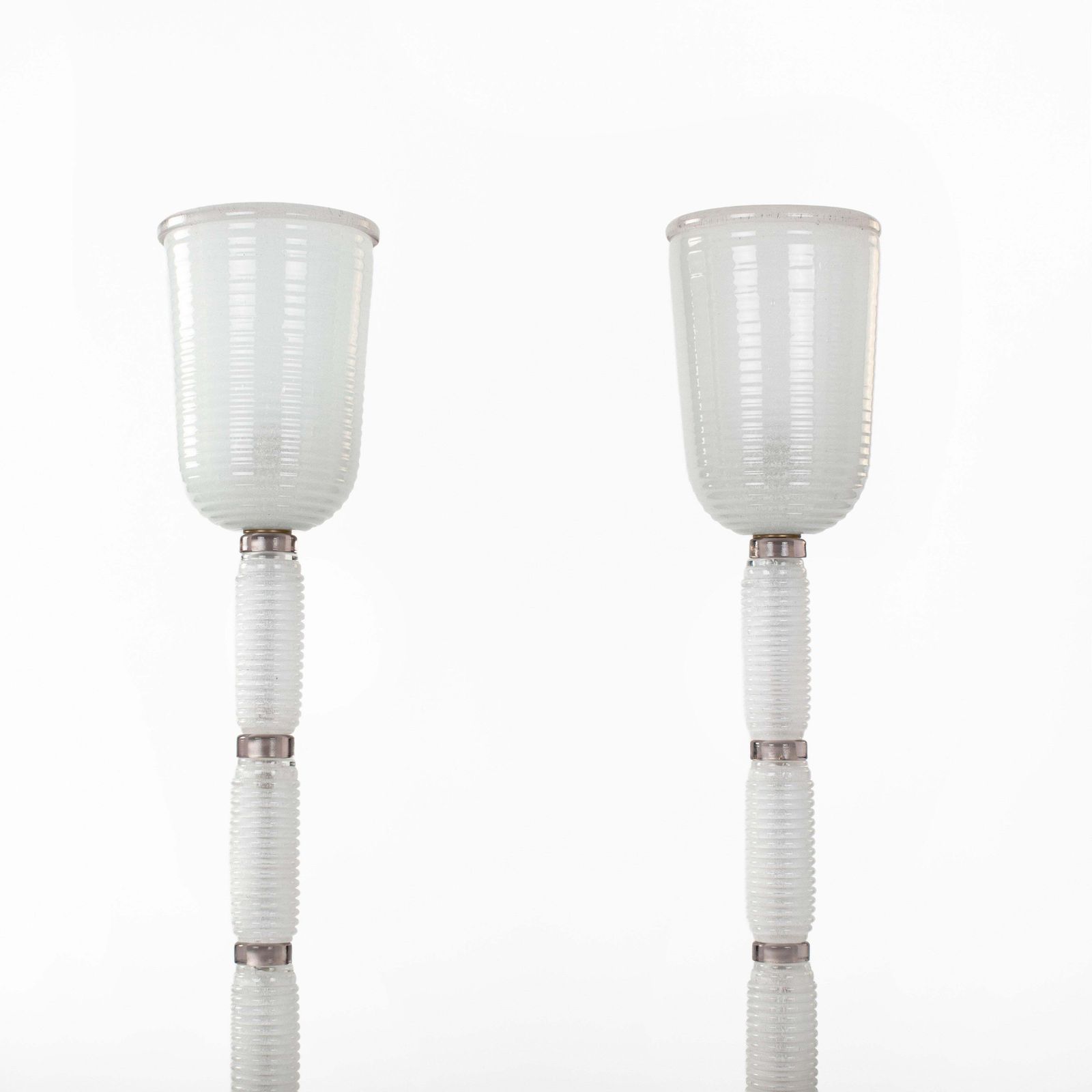 Pair Of Mid Century Modern White Amethyst Colored Murano Glass Floor Lamps 1980s photo Lighting
