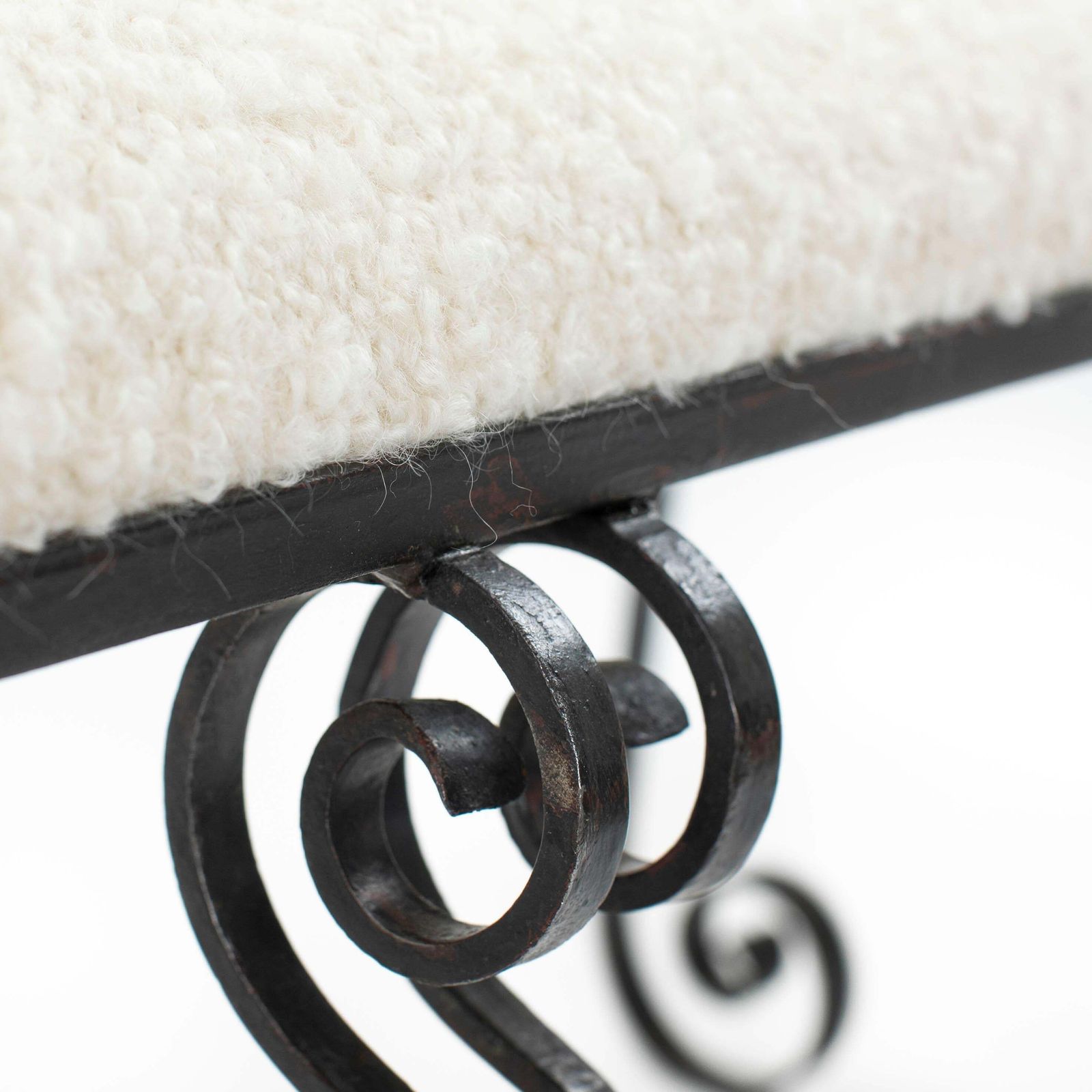 photo furniture Forged Iron Rousing Art Déco Bench With Offwhite Bouclé Fabric Portugal 1920s