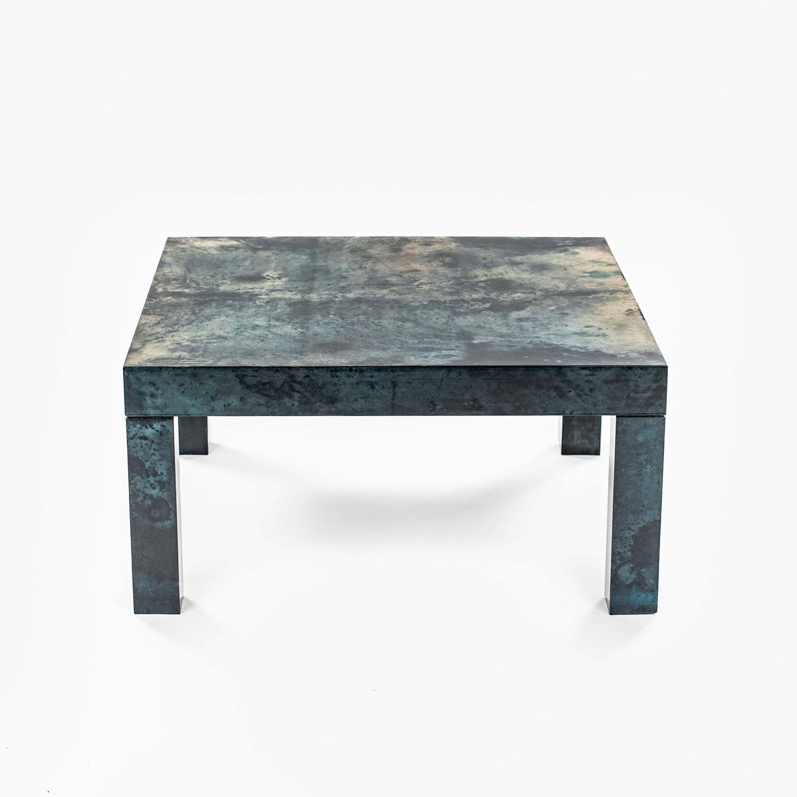 Italian Mid Century Green Goatskin Square Sofatable By Aldo Tura 1970s, Signed photo furniture