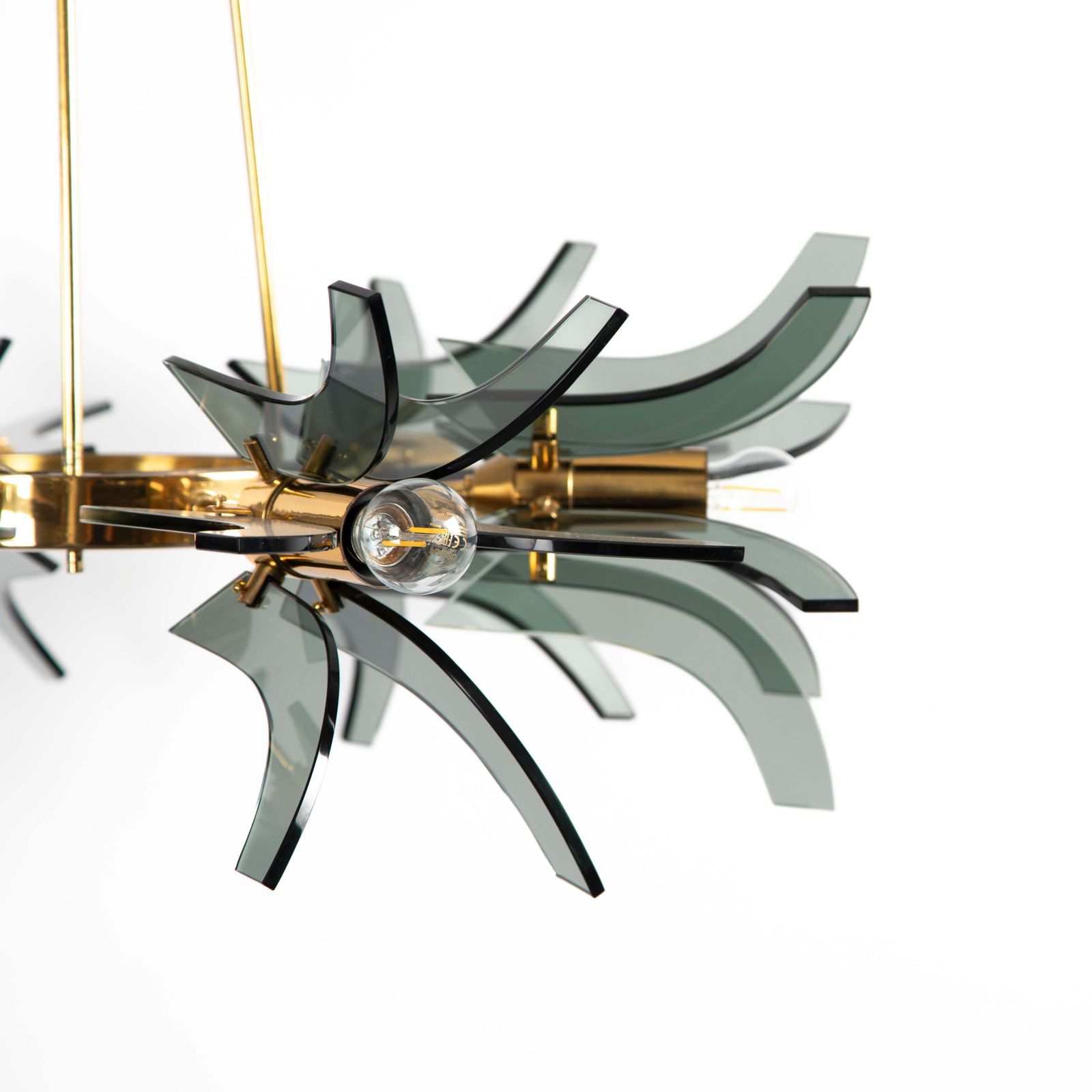Italian Mid Century Geometric Brass Green Glass Chandelier By Gino Paroldo 1960s photo furniture