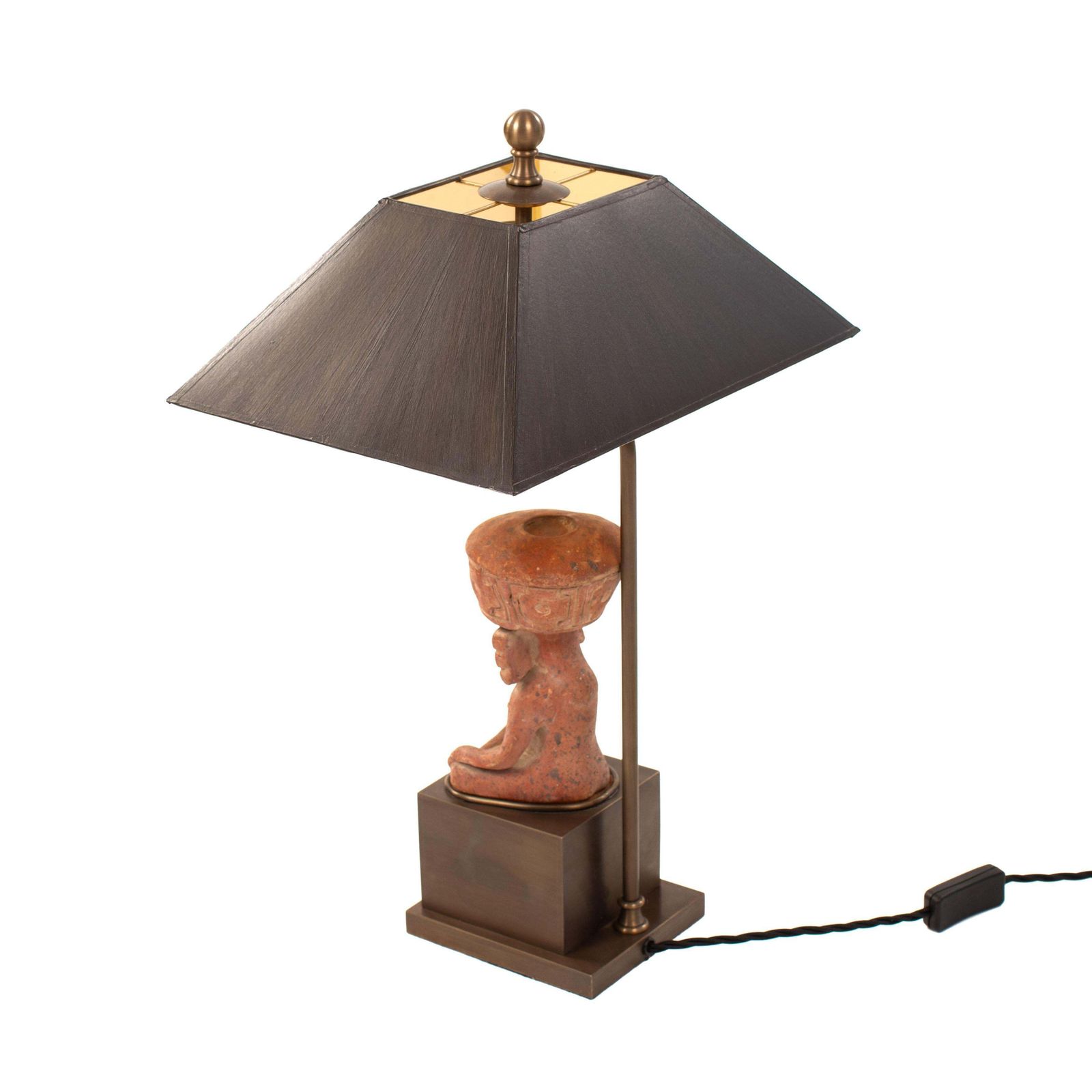 Figural Terracotta Table Lamp Of A Sitting Priest With Brown Shade, Mexico 1930s photo buy