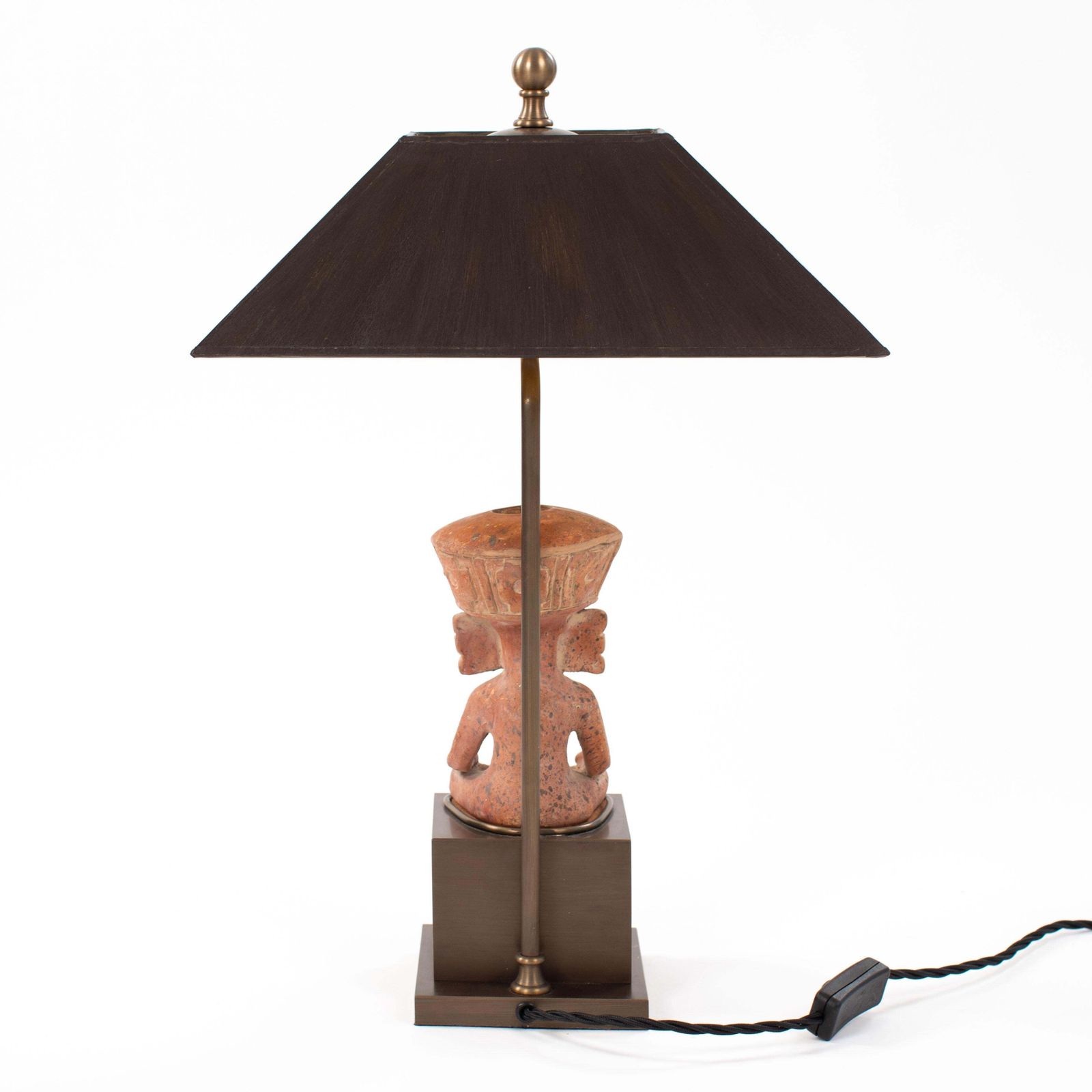 Figural Terracotta Table Lamp Of A Sitting Priest With Brown Shade, Mexico 1930s photo vintage