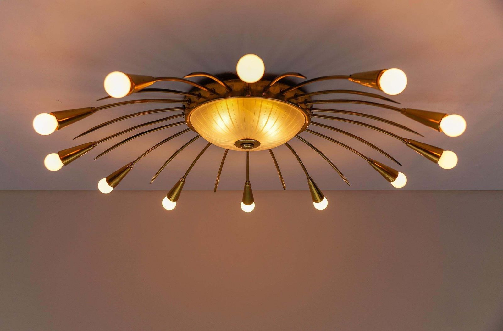 Lighting Large Mid Century Modern 12 Arm Brass And Glass Sputnik Lamp, Germany, 1950s photo