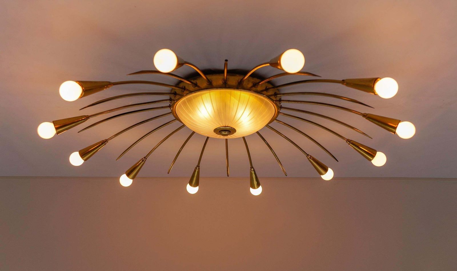 3296.0 Large Mid Century Modern 12 Arm Brass And Glass Sputnik Lamp, Germany, 1950s photo
