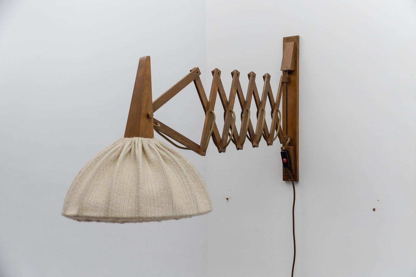Scandinavian Scissor Wall Lamp In Wood And Fabric, 1960s photo for sale