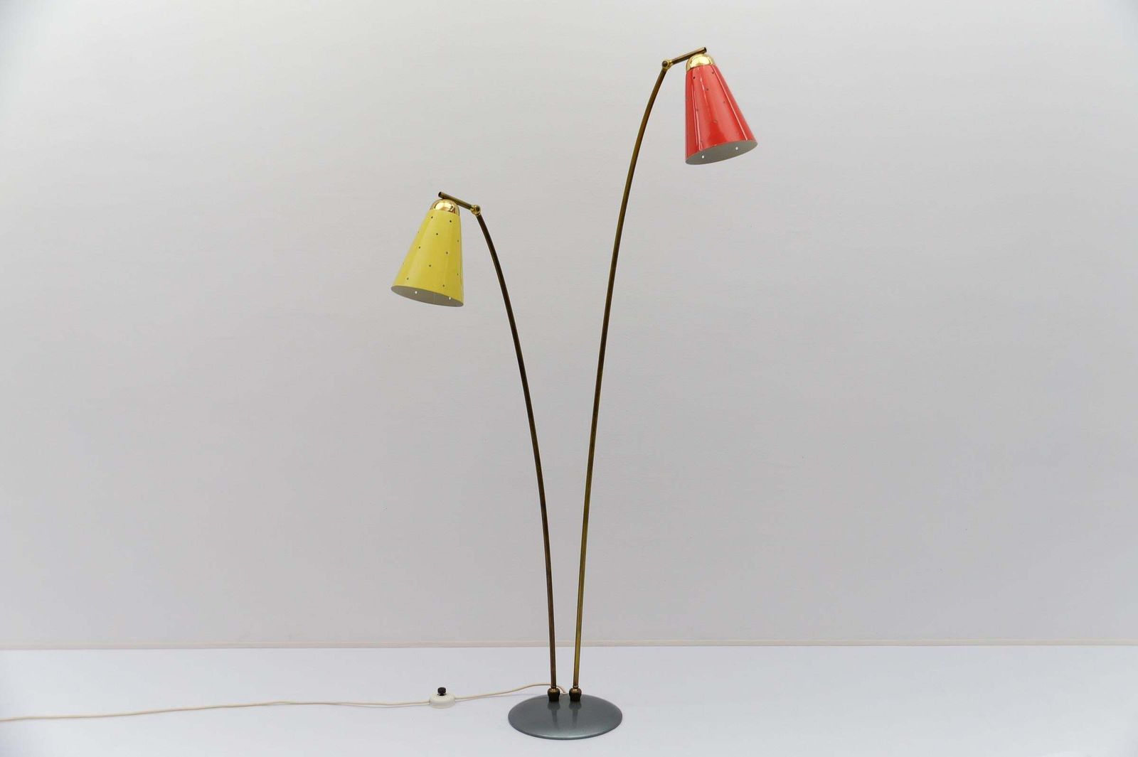 Awesome Double Mid Century Modern Brass & Perforated Metal Floor Lamp, 1950s photo furniture