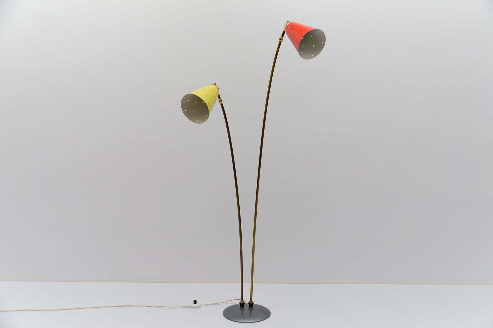 Awesome Double Mid Century Modern Brass & Perforated Metal Floor Lamp, 1950s photo vintage