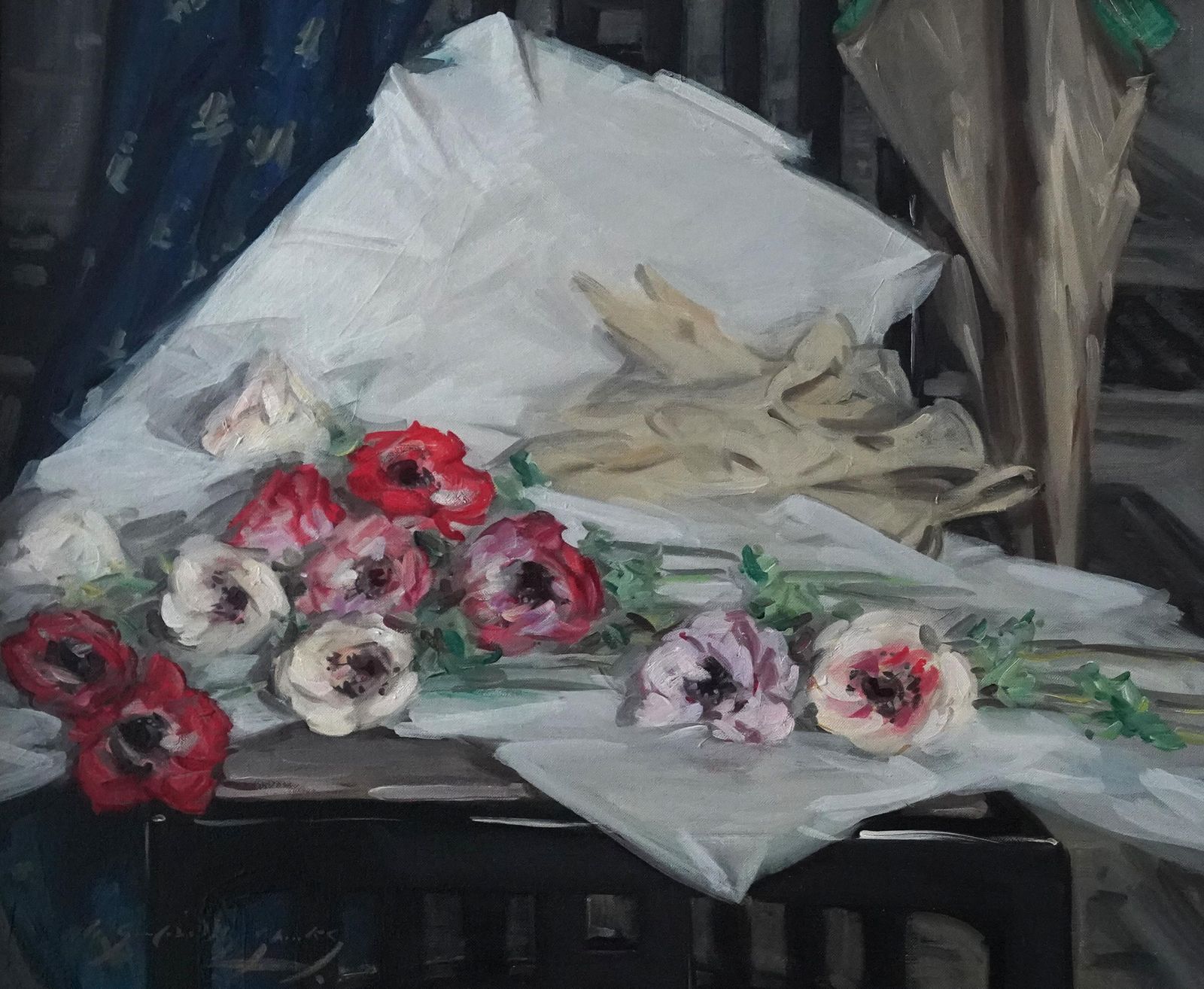 William Somerville Shanksanemones   Scottish Thirties Impressionist Art Floral Oil Painting1937 photo furniture