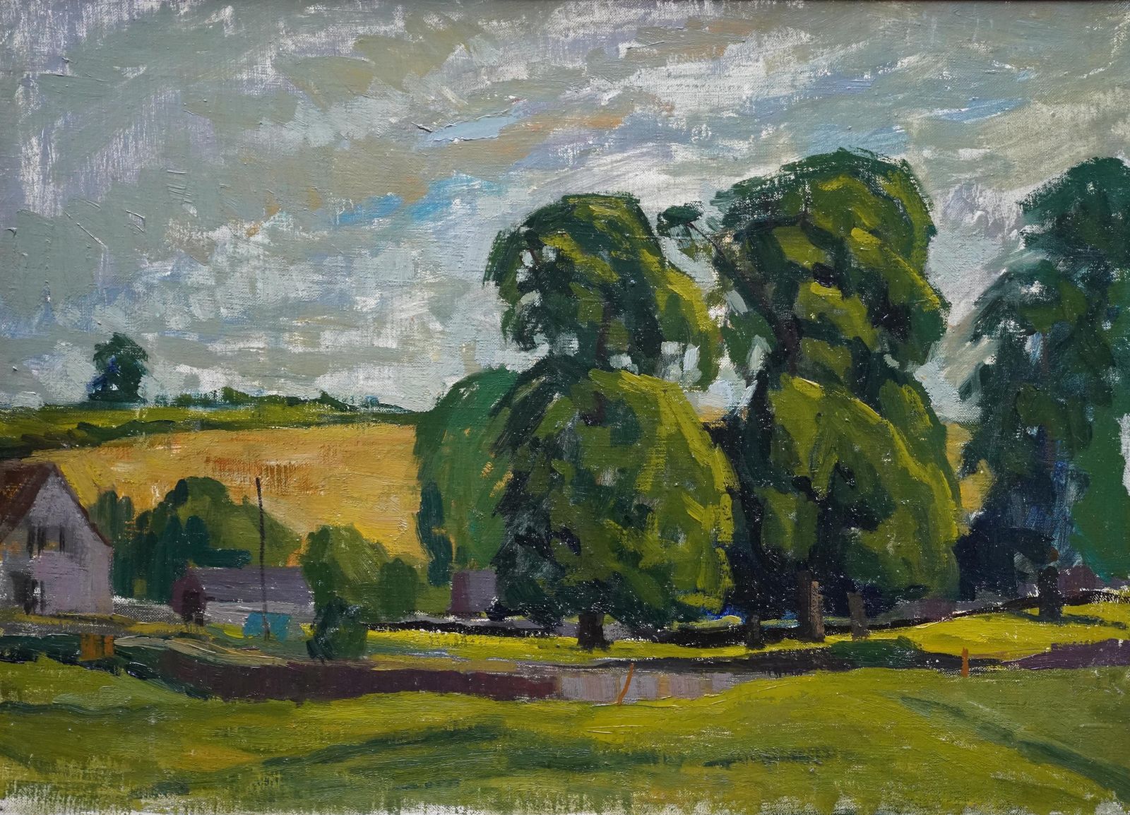 Peter Fieldwiltshire Landscape   British 1950's Post Impressionist Art Oil Paintingcirca 1950 photo furniture
