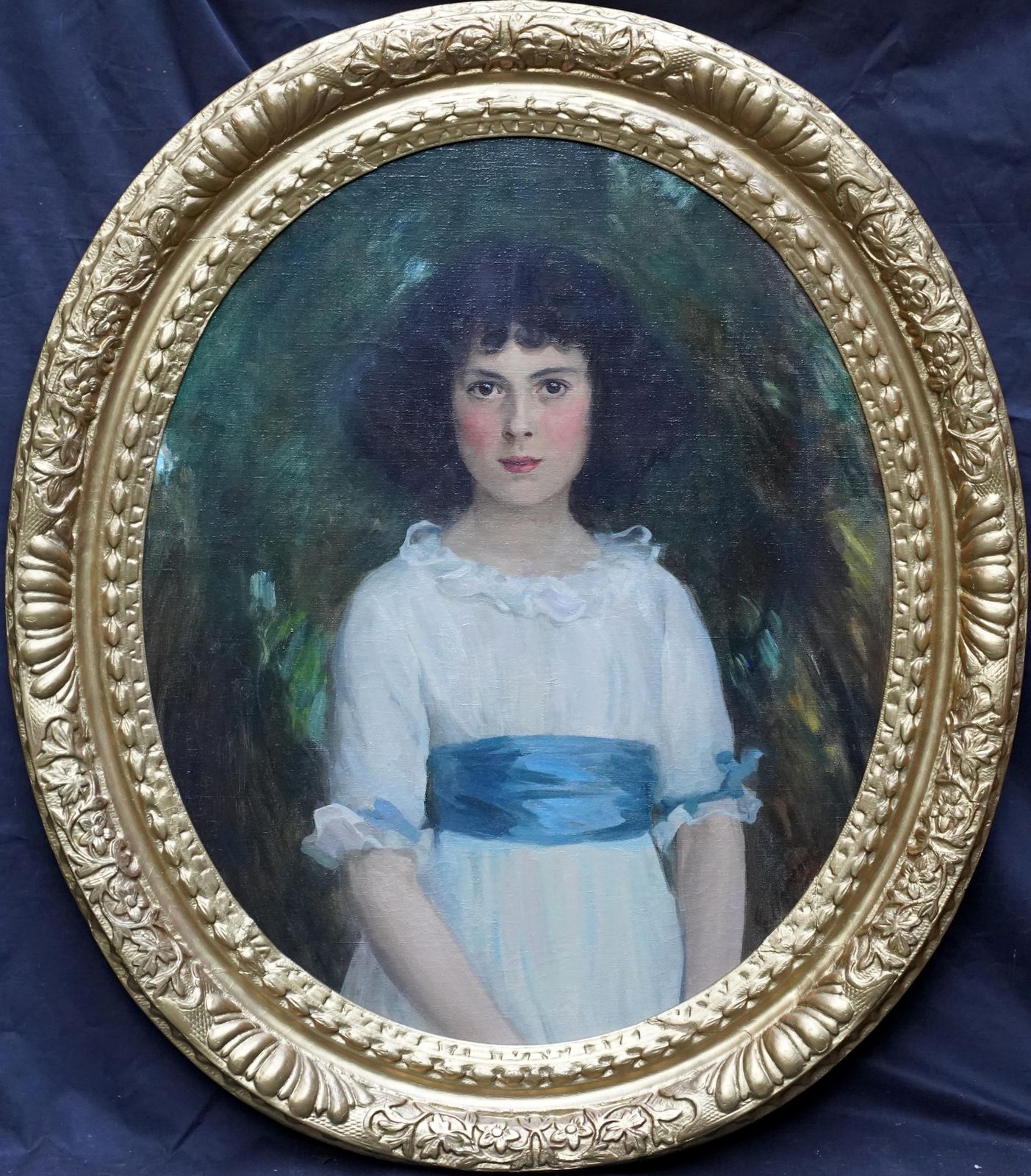 George Harcourtoval Portrait Of Girl With Blue Sash And Cuffs   Scottish Edwardian Oil Paintingcirca 1910