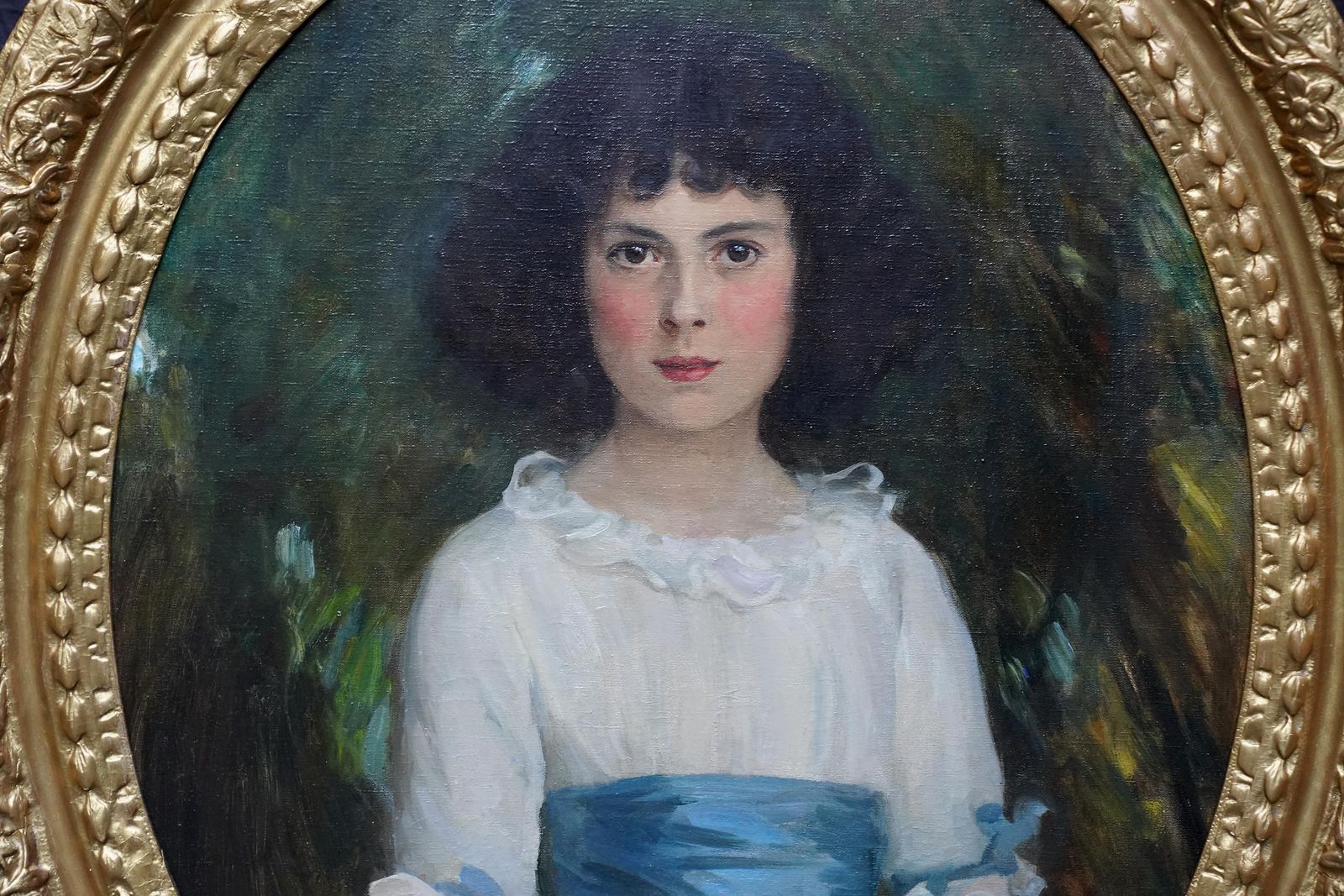 George Harcourtoval Portrait Of Girl With Blue Sash And Cuffs   Scottish Edwardian Oil Paintingcirca 1910 photo for sale