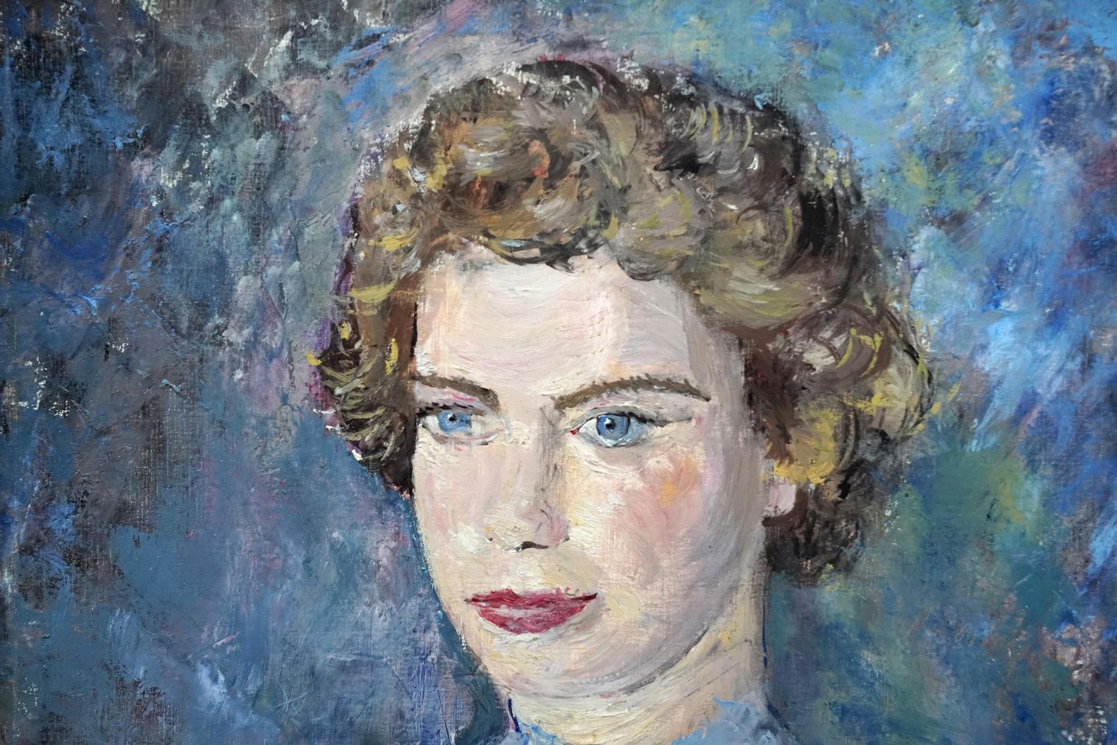 Pauline Glassportrait Of A Lady In Blue   British Post Impressionist 50's Art Oil Paintingcirca 1950 photo vinterior