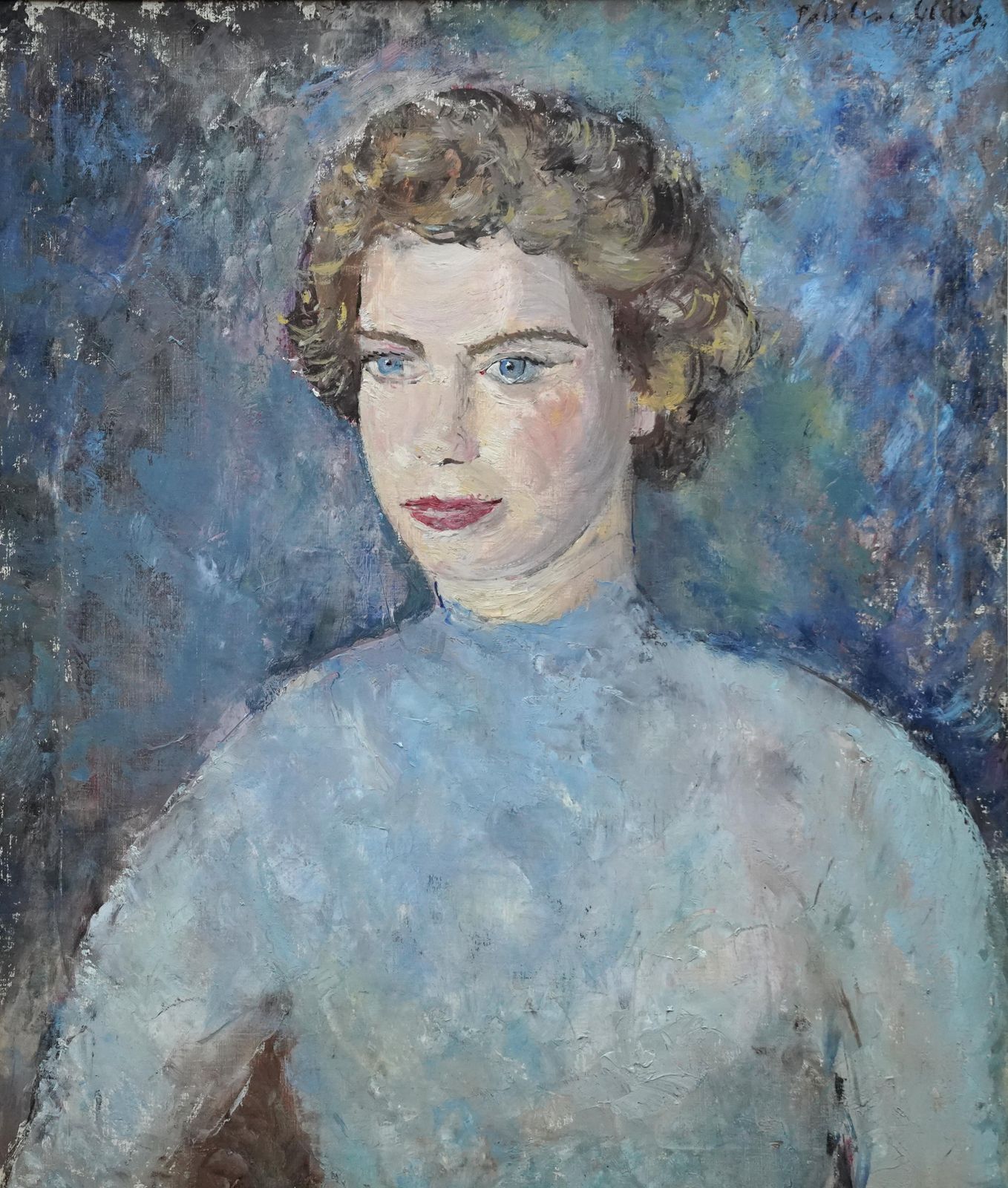 photo furniture Pauline Glassportrait Of A Lady In Blue   British Post Impressionist 50's Art Oil Paintingcirca 1950