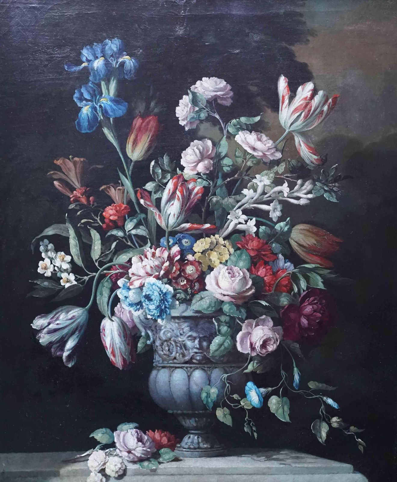 Still Life Of Flowers In Ornamental Urn On Ledge   Dutch Old Master Oil Paintingcirca 1790 photo furniture