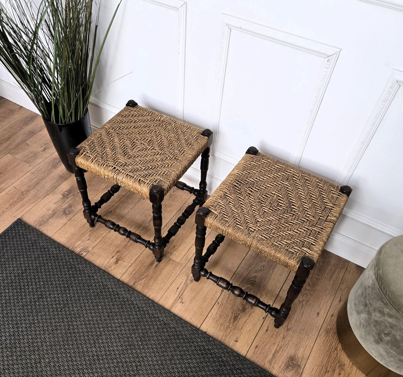 Pair Of 1960s Italian Midcentury Carved Wood And Cord Woven Rope Stools photo Furniture