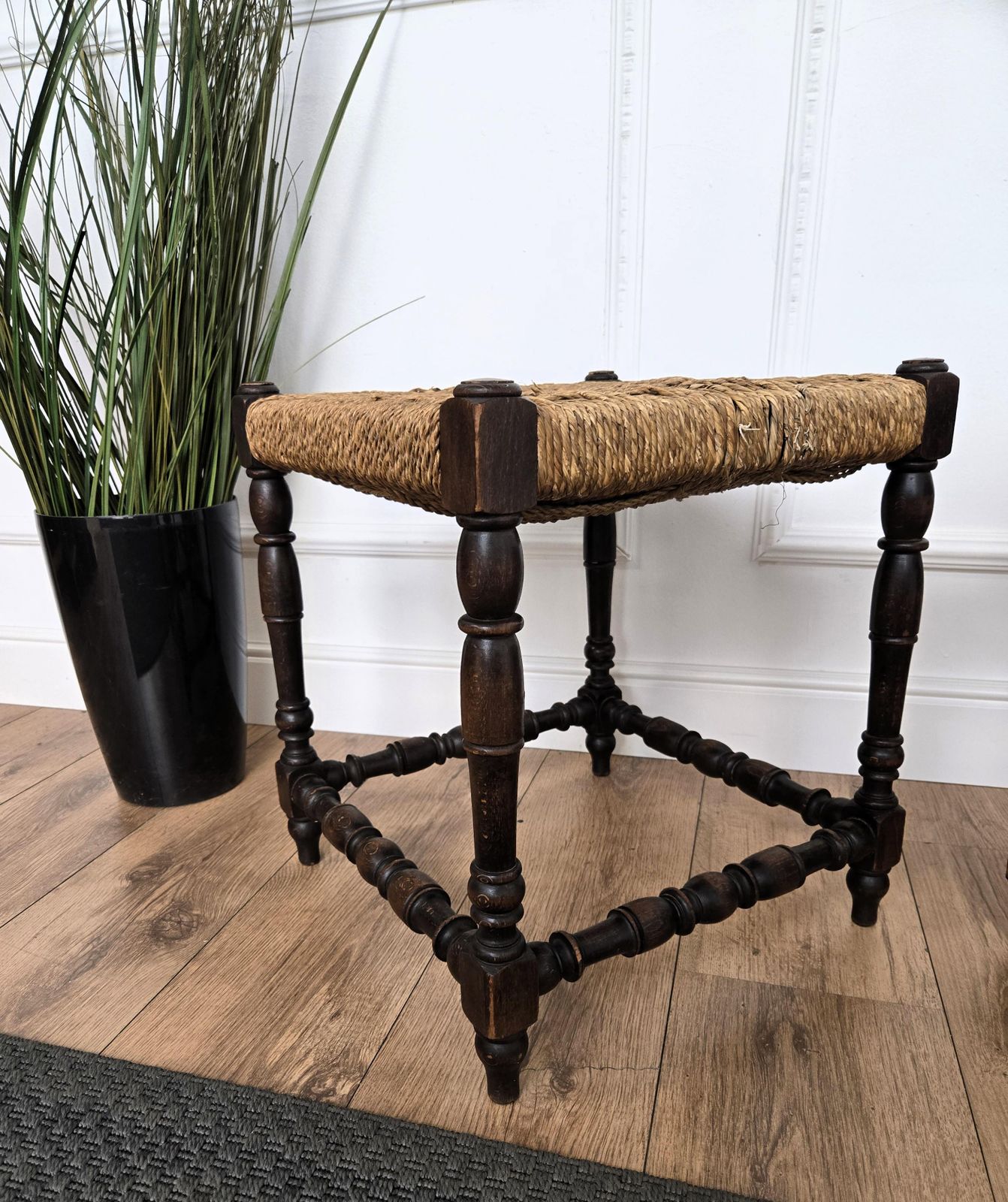 Pair Of 1960s Italian Midcentury Carved Wood And Cord Woven Rope Stools photo vinterior