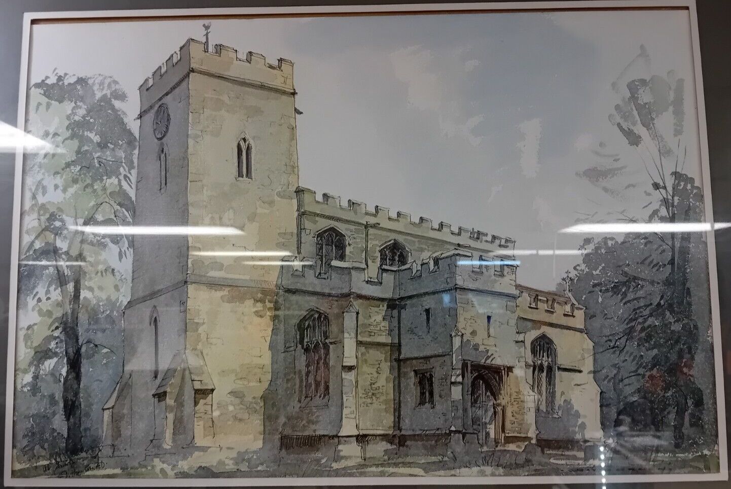 Original David Green Water Colour Painting Of All Saints Church Milton Ernest photo furniture