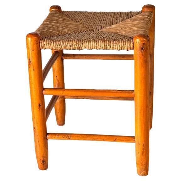 1950s French Stool In The Style Of Charlotte Perriand Wood & Woven Straw