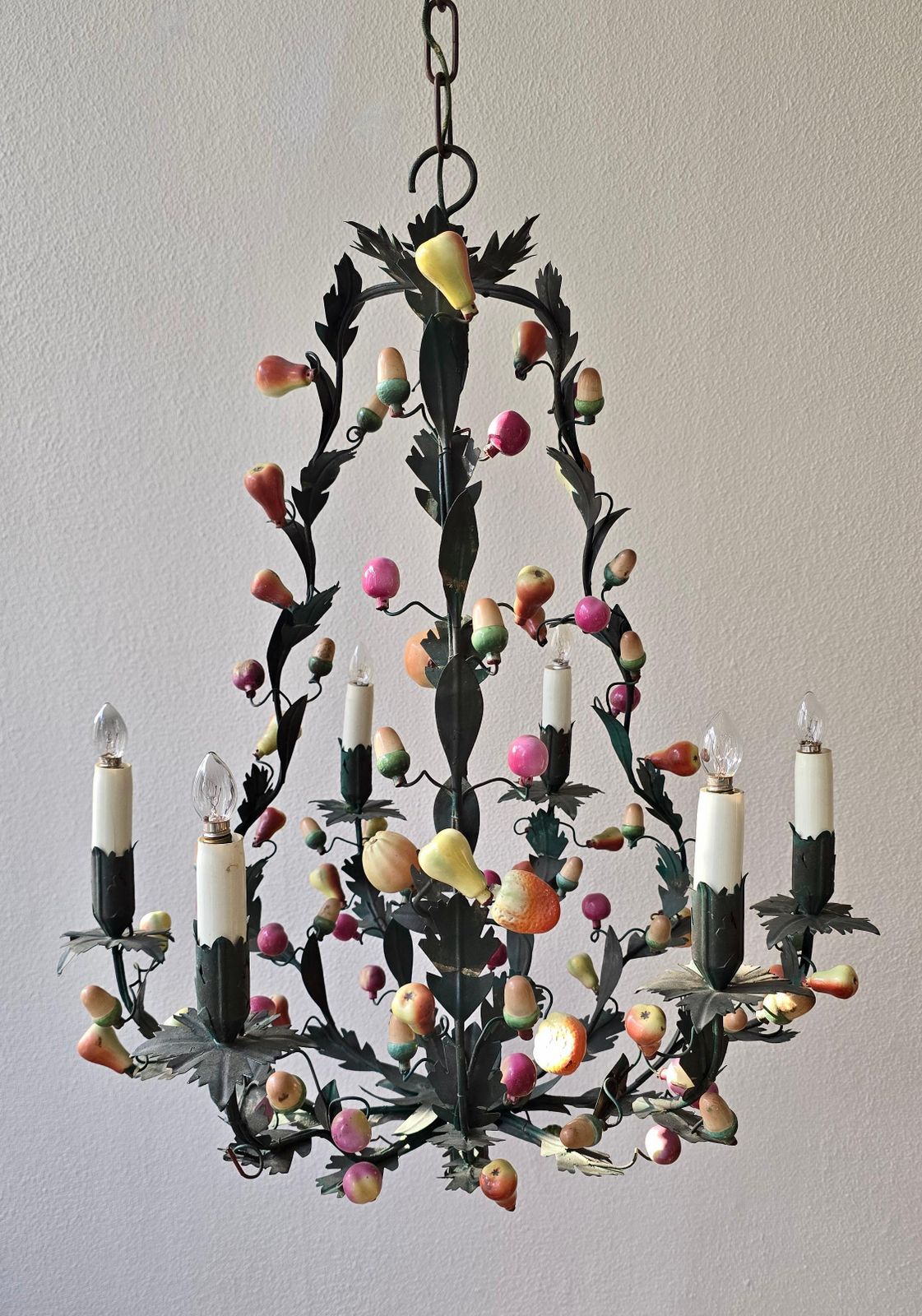 Italian 1950s Tole Fruit Chandelier, Florentine Hollywood Regency Style photo Lighting