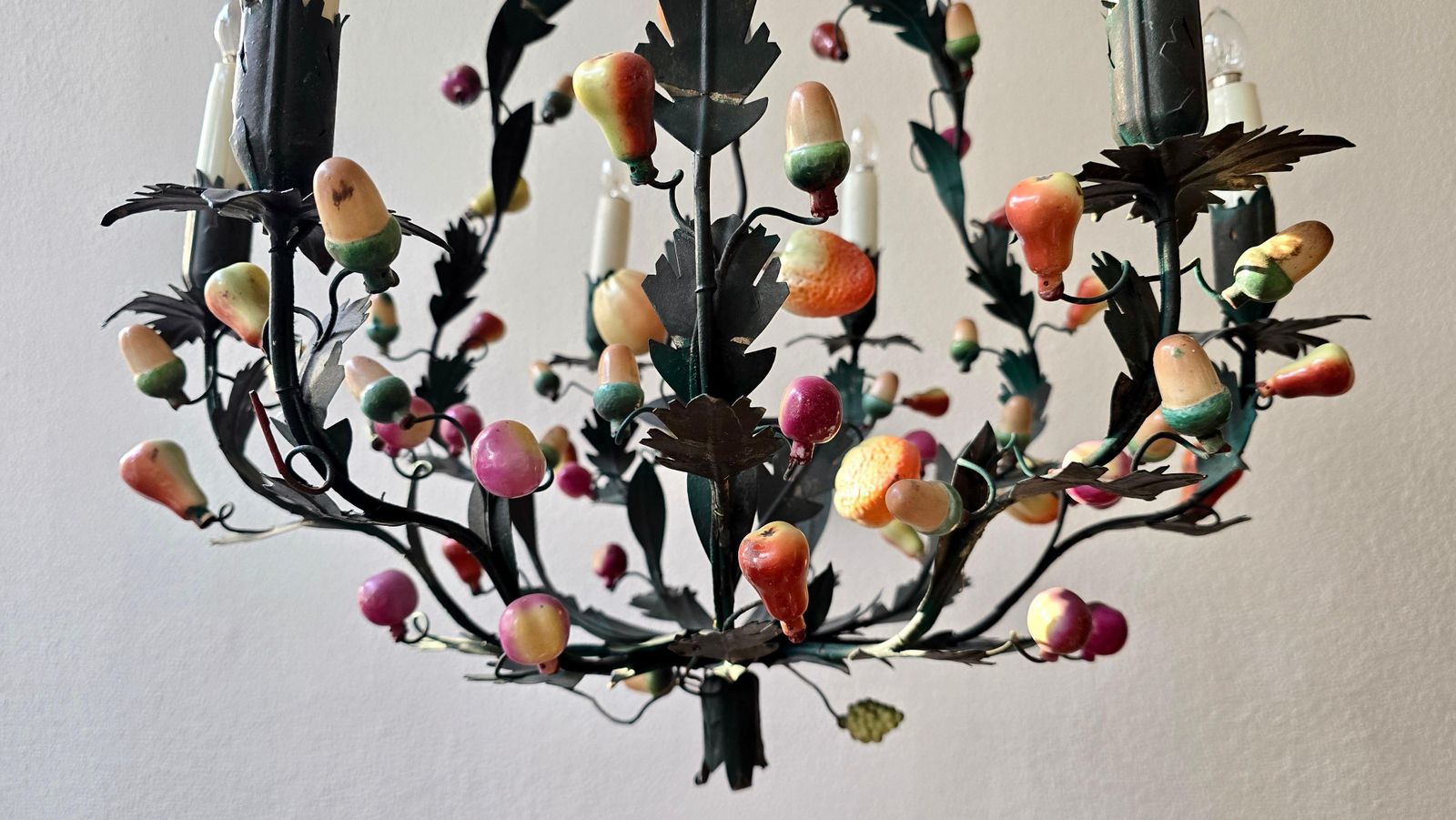 photo for sale Italian 1950s Tole Fruit Chandelier, Florentine Hollywood Regency Style