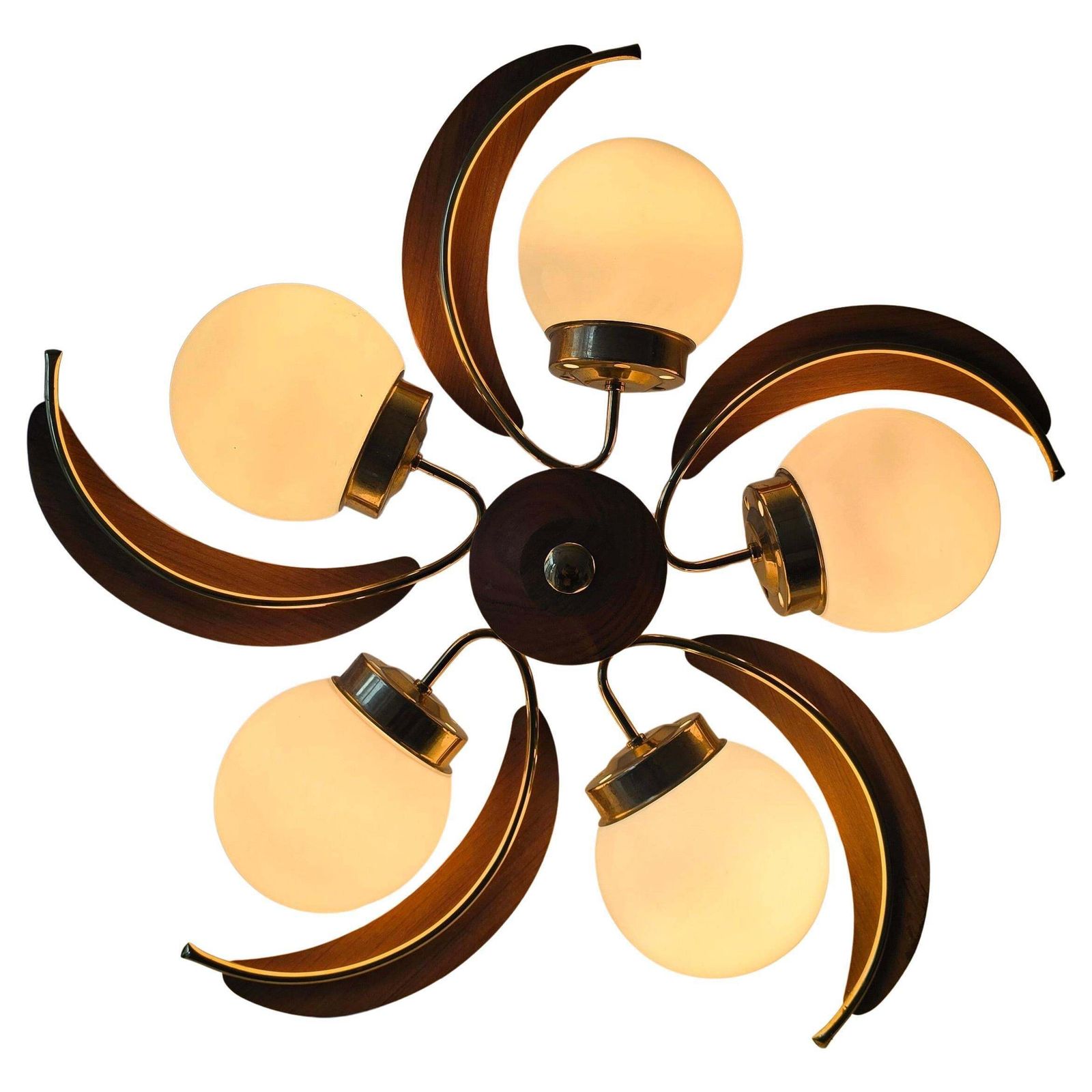 Mid Century Modern Brass, Wood & Opaline Glass Globe Chandelier, 1960s