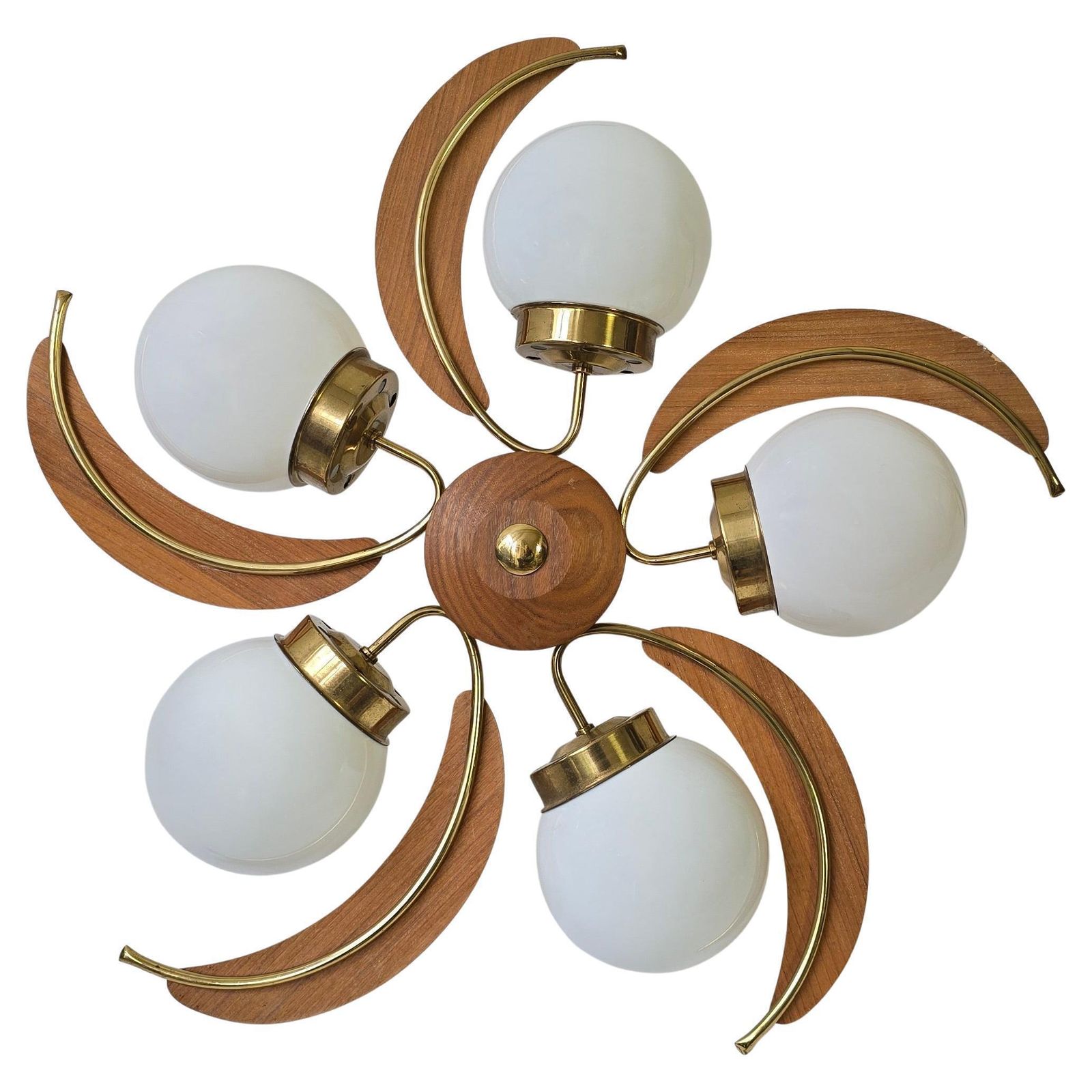 Mid Century Modern Brass, Wood & Opaline Glass Globe Chandelier, 1960s photo furniture