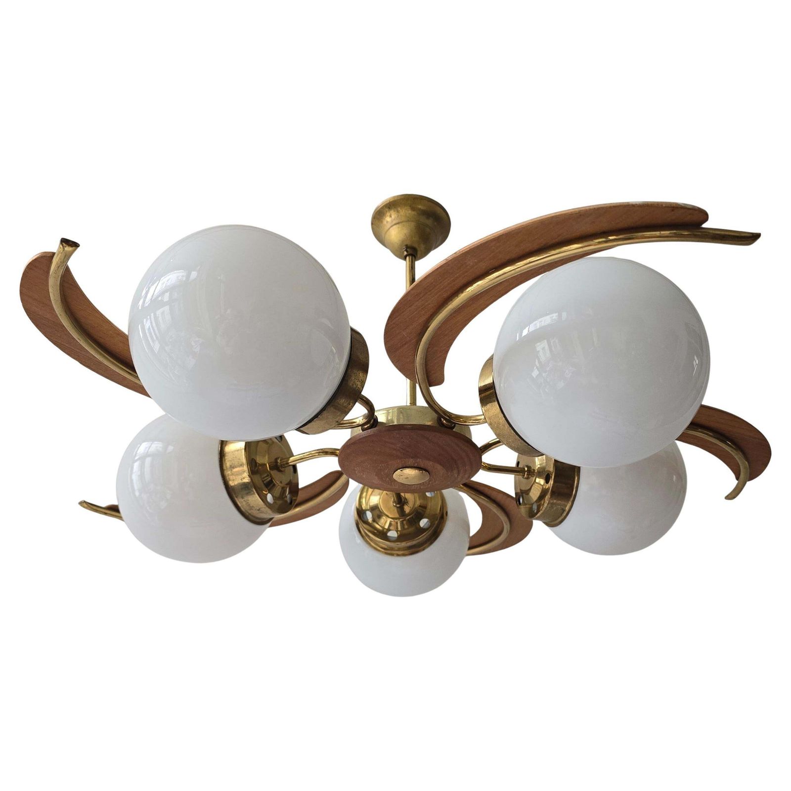 Mid Century Modern Brass, Wood & Opaline Glass Globe Chandelier, 1960s photo for sale