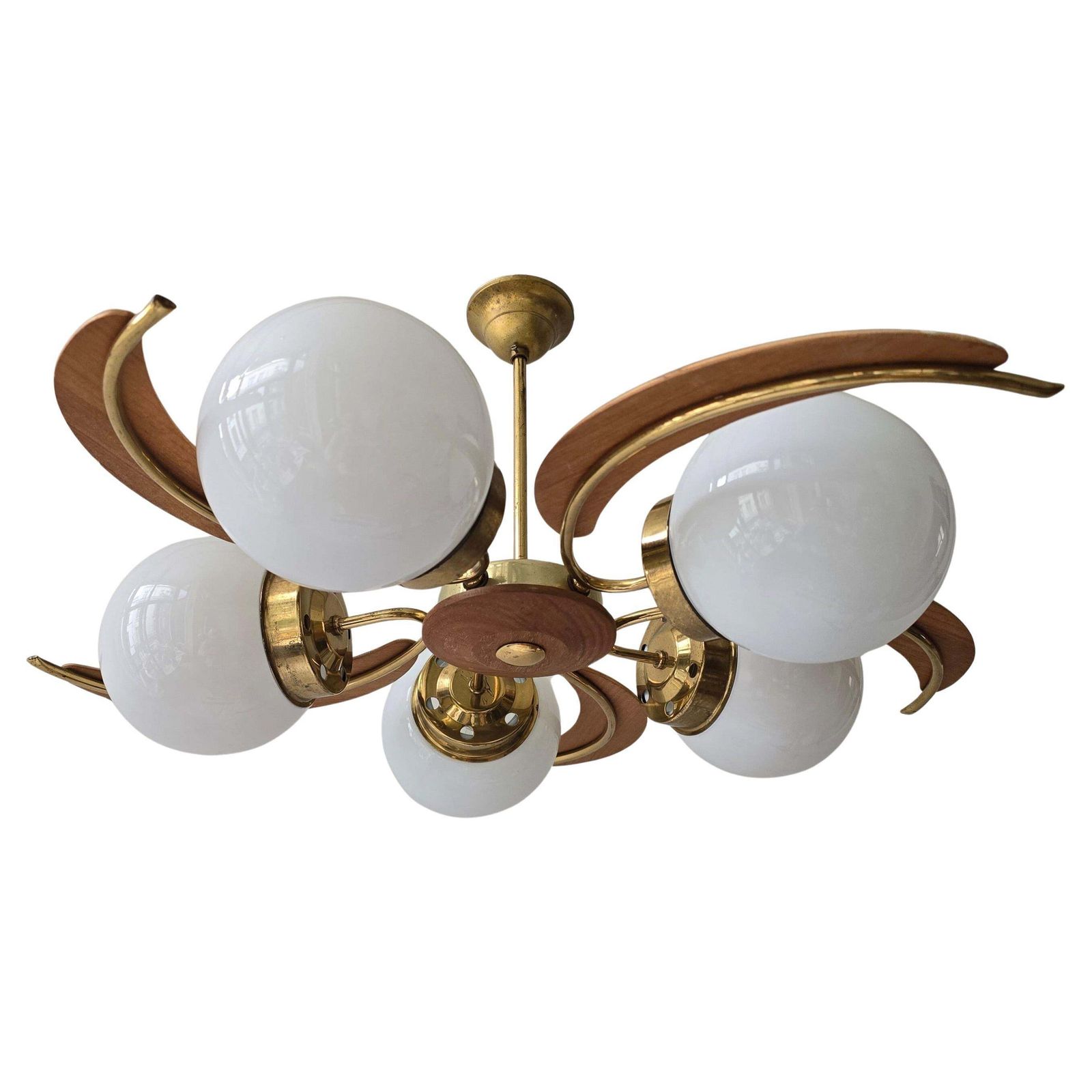 Mid Century Modern Brass, Wood & Opaline Glass Globe Chandelier, 1960s photo Lighting