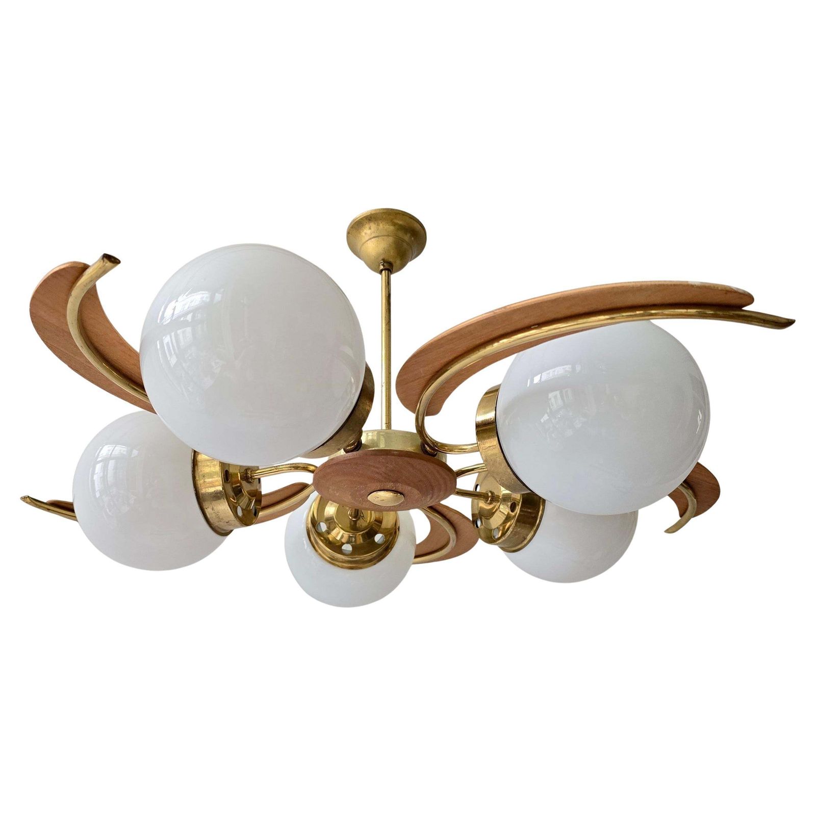 Mid Century Modern Brass, Wood & Opaline Glass Globe Chandelier, 1960s photo 3253.0