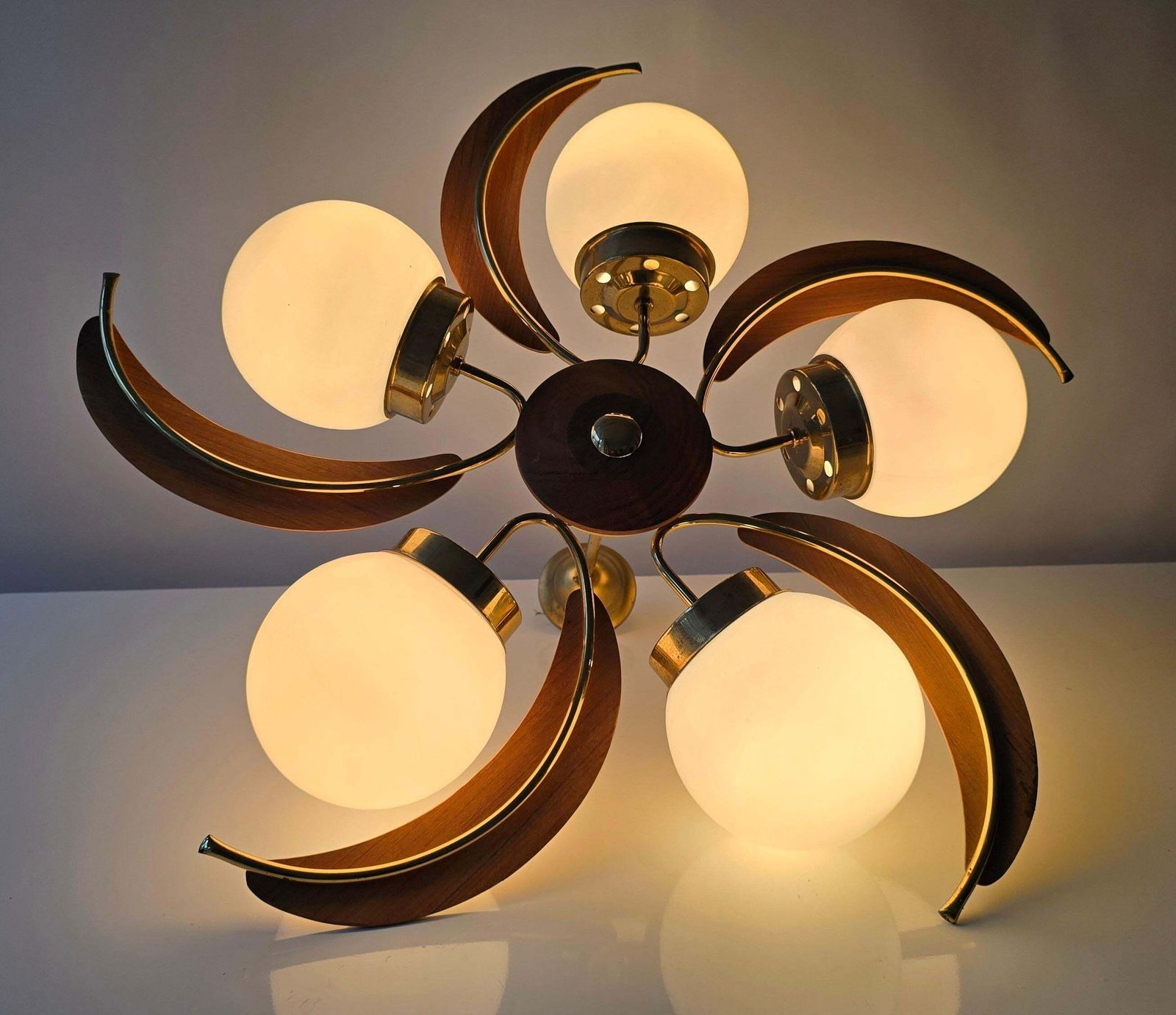 Mid Century Modern Brass, Wood & Opaline Glass Globe Chandelier, 1960s photo vintage