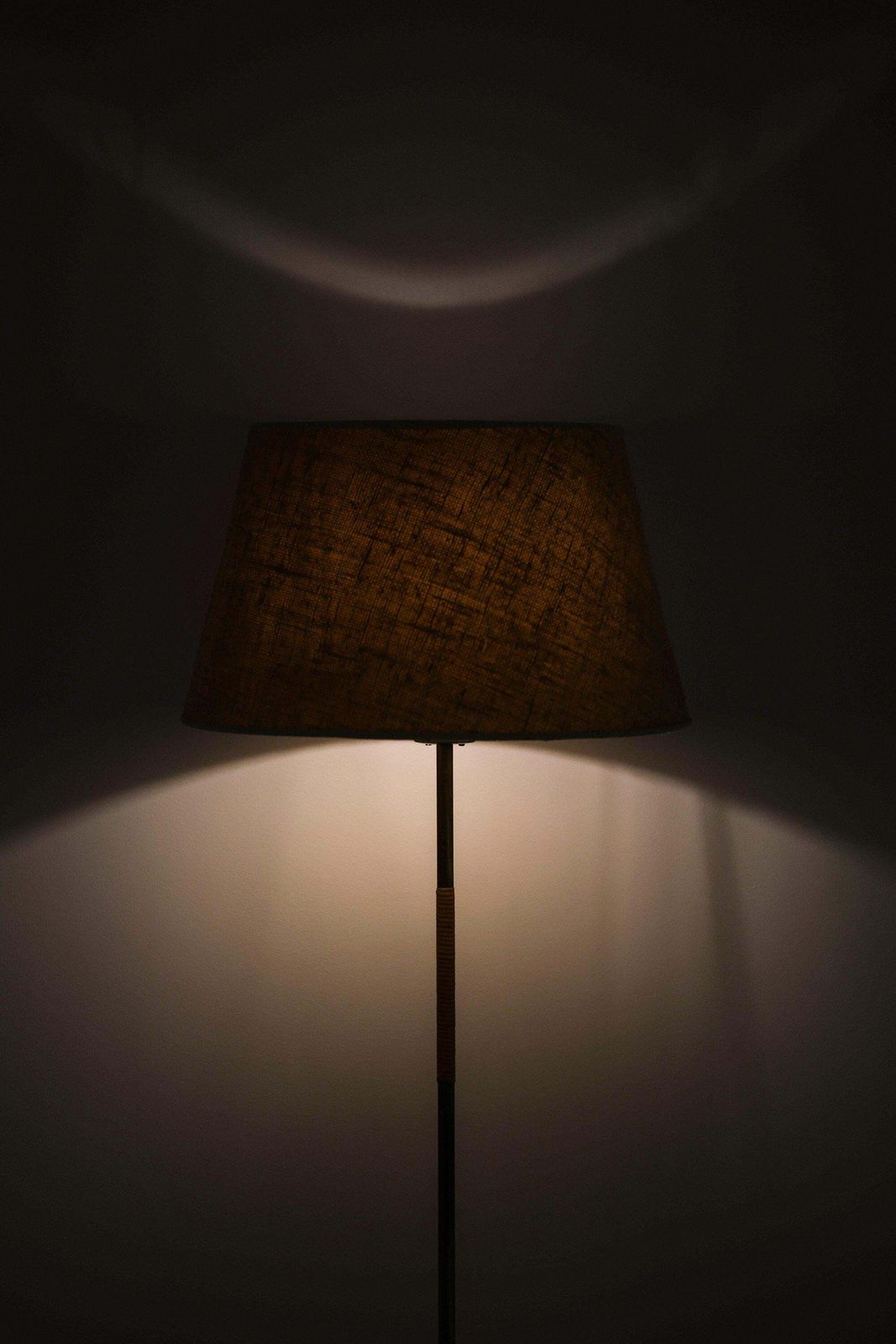 Floor Lamp In Brass, Cane And Original Shade By Paavo Tynell, 1950's photo buy