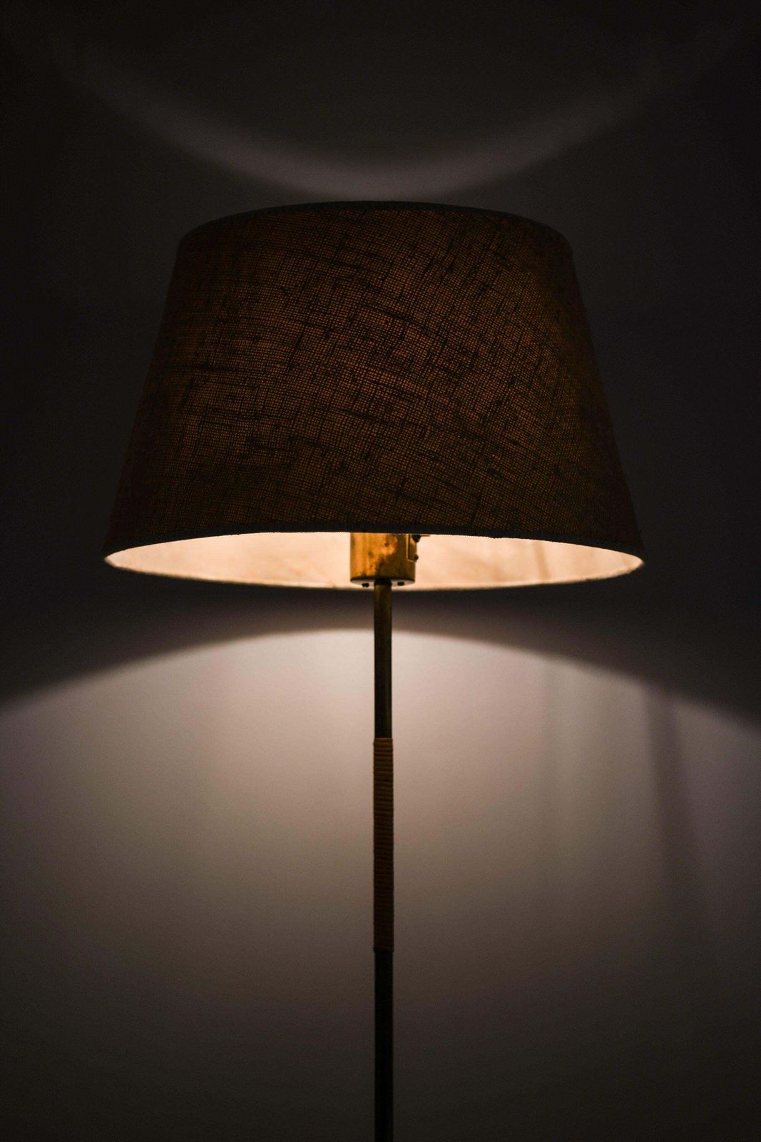 Floor Lamp In Brass, Cane And Original Shade By Paavo Tynell, 1950's photo vintage