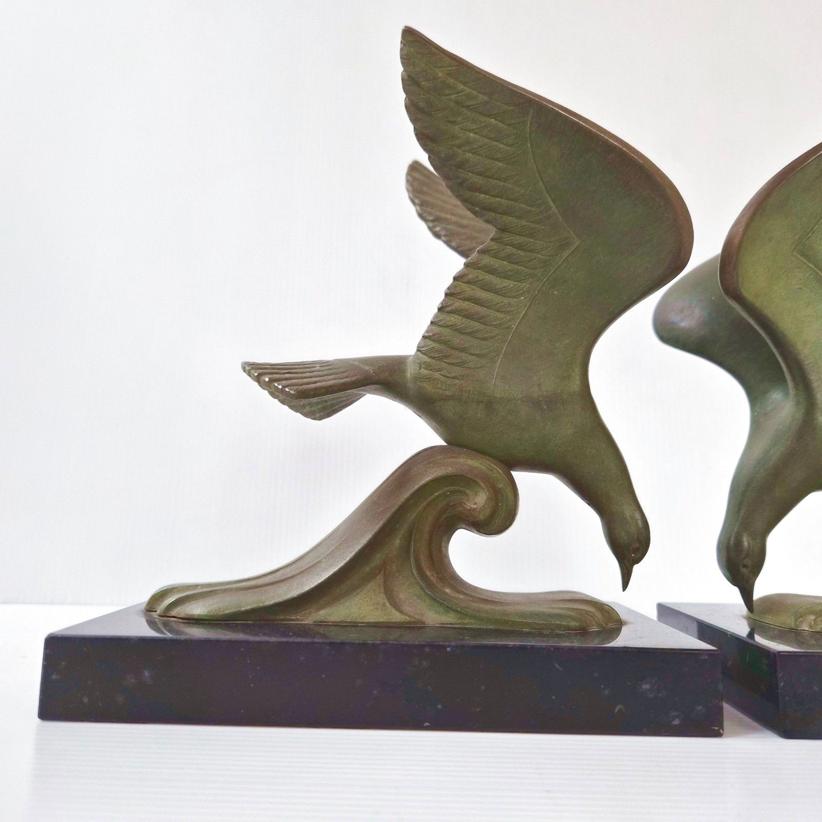 Pair Of Vintage 1950s Marble & Metal Seagull On The Wave Bookends 50s photo for sale