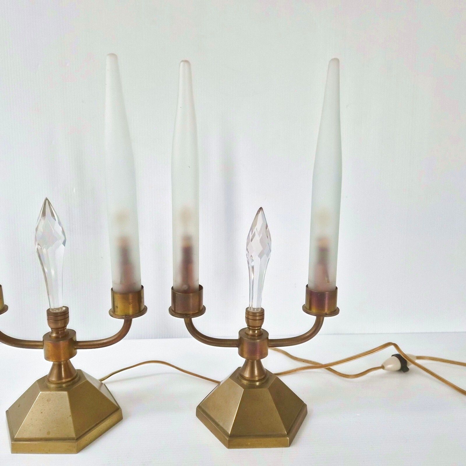 Pair Of Vintage 1950s Brass & Glass 1950s Art Deco Style Candle Lamps photo vinterior