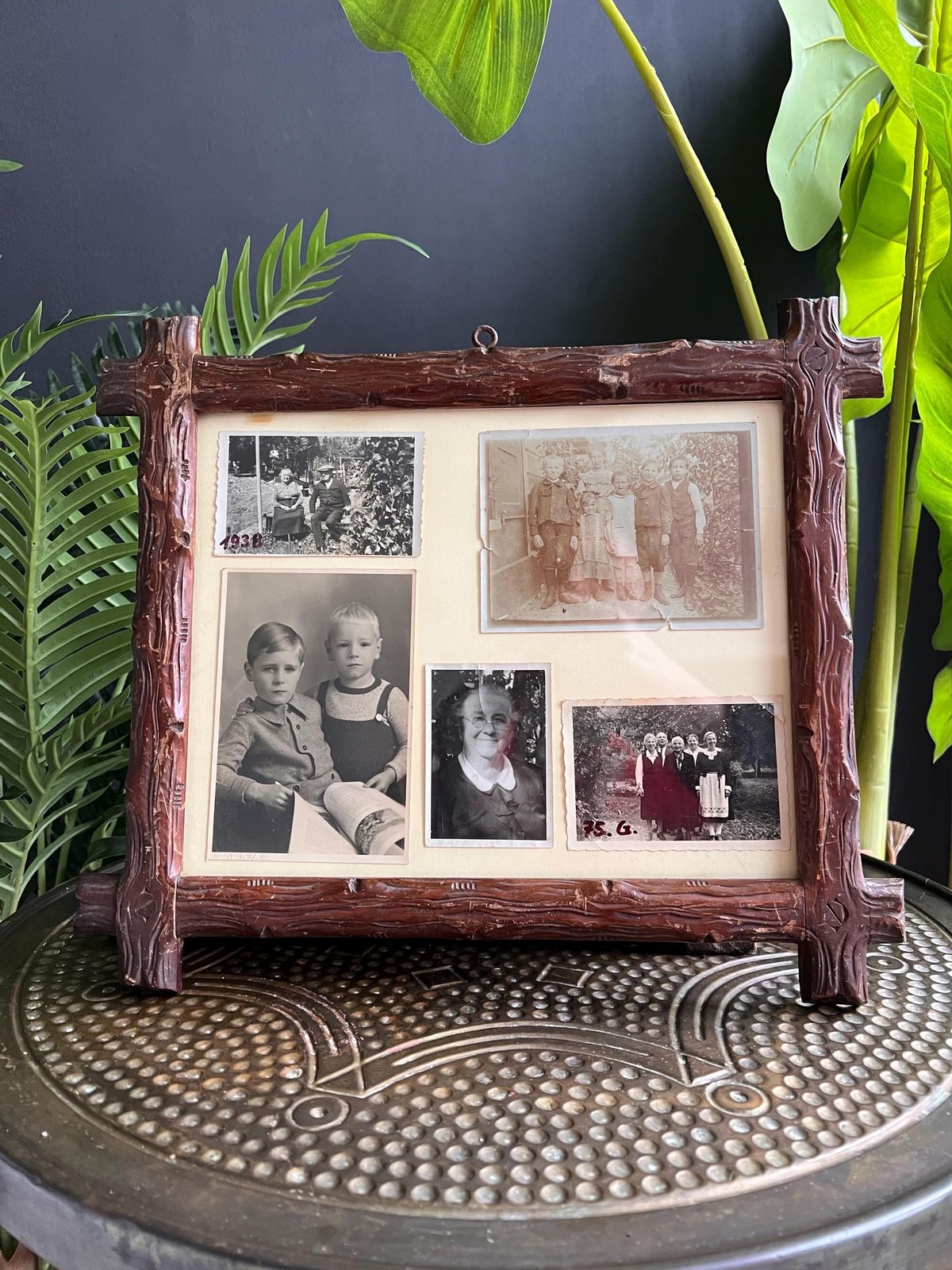 Tramp Art Picture Frame: Hand Carved Folk Art Wood, Swiss 1900s photo vintage